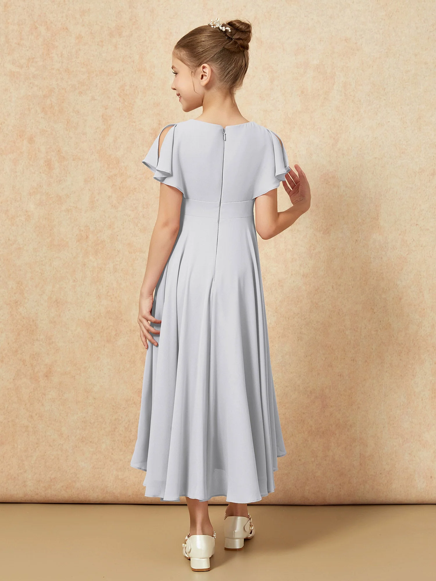 V-Ausschnitt Chiffon Asymmetrisch Junge Brautjungfernkleider Silber - Image 2
