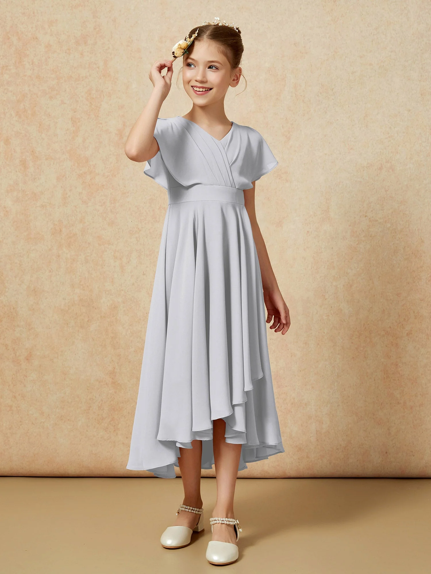 V-Ausschnitt Chiffon Asymmetrisch Junge Brautjungfernkleider Silber - Image 3