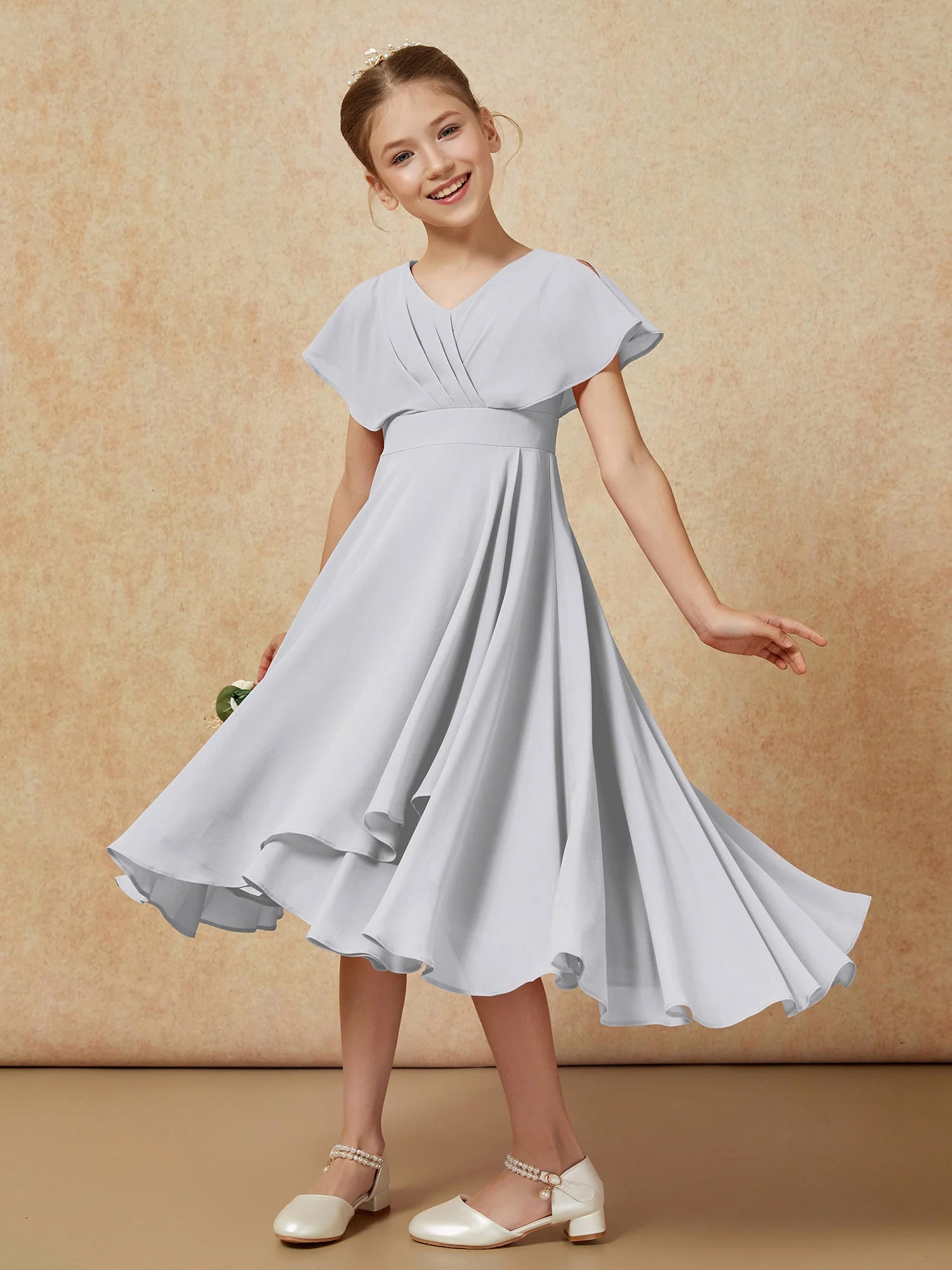V-Ausschnitt Chiffon Asymmetrisch Junge Brautjungfernkleider Silber - Image 4