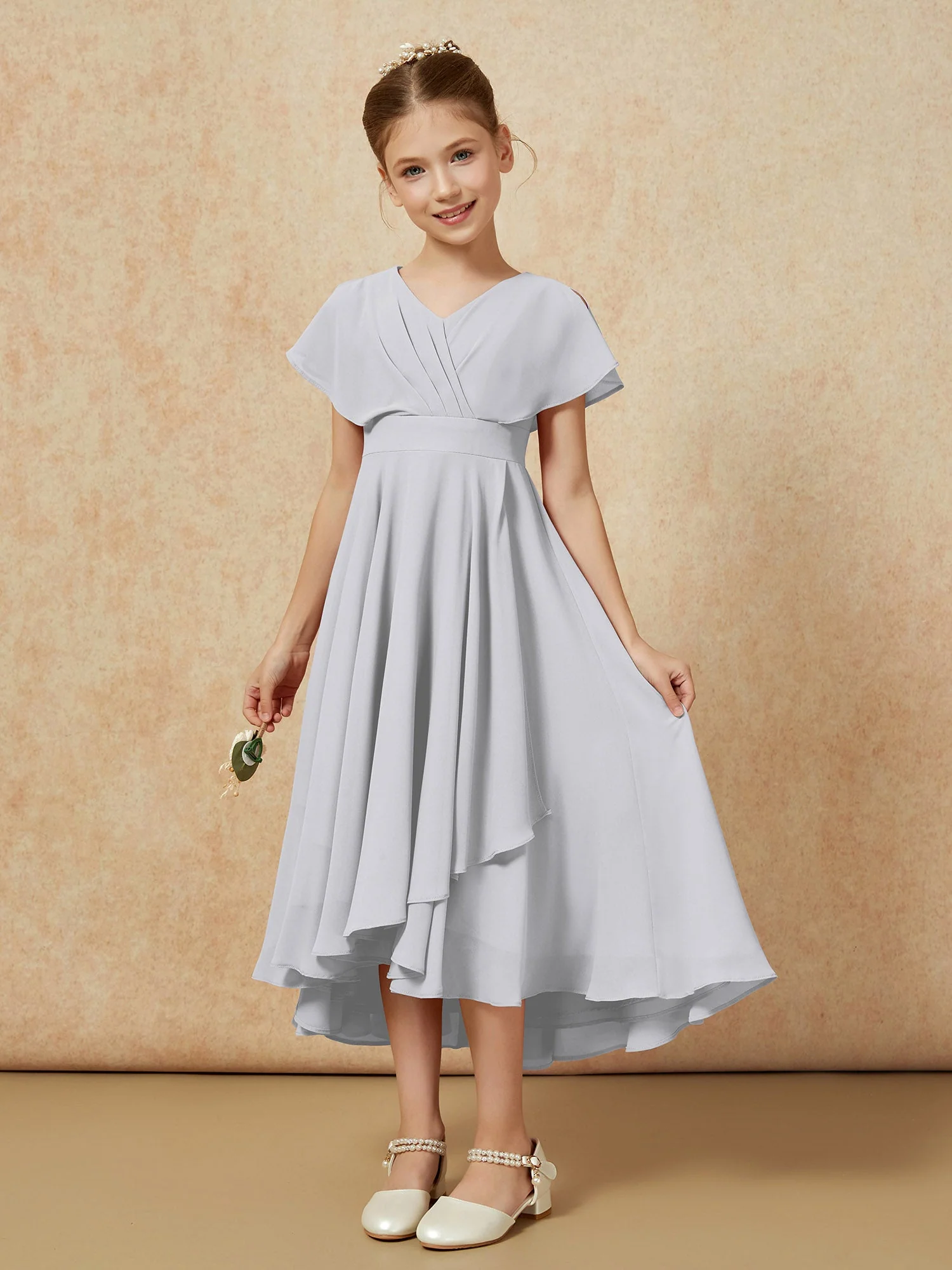 V-Ausschnitt Chiffon Asymmetrisch Junge Brautjungfernkleider Silber - Image 5