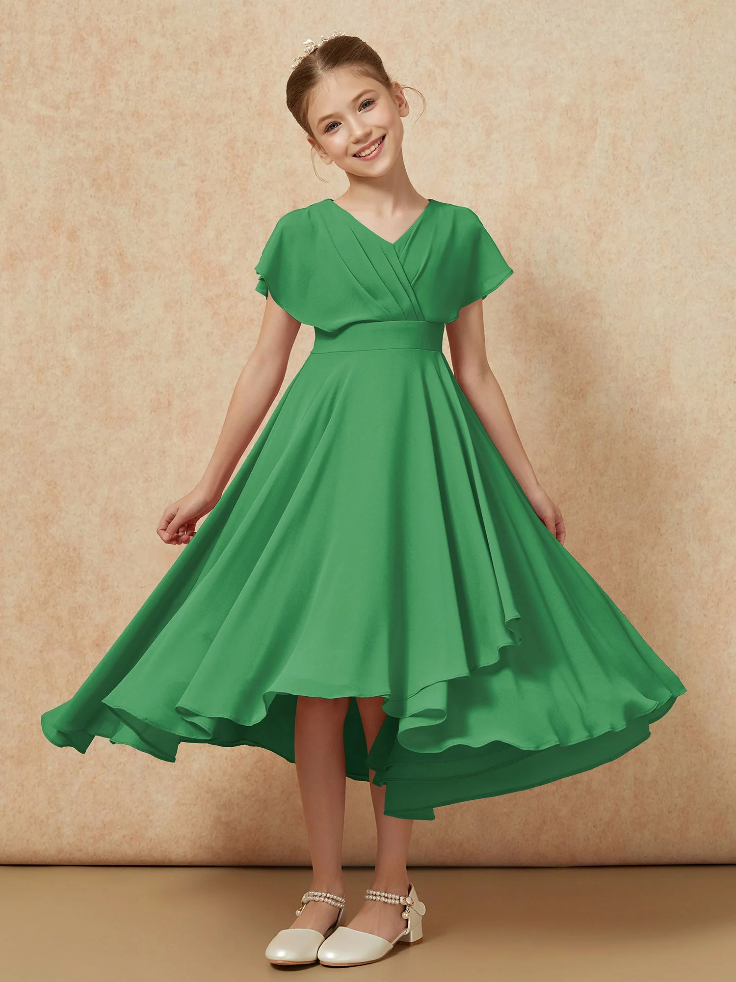 V-Ausschnitt Chiffon Asymmetrisch Junge Brautjungfernkleider Smaragd