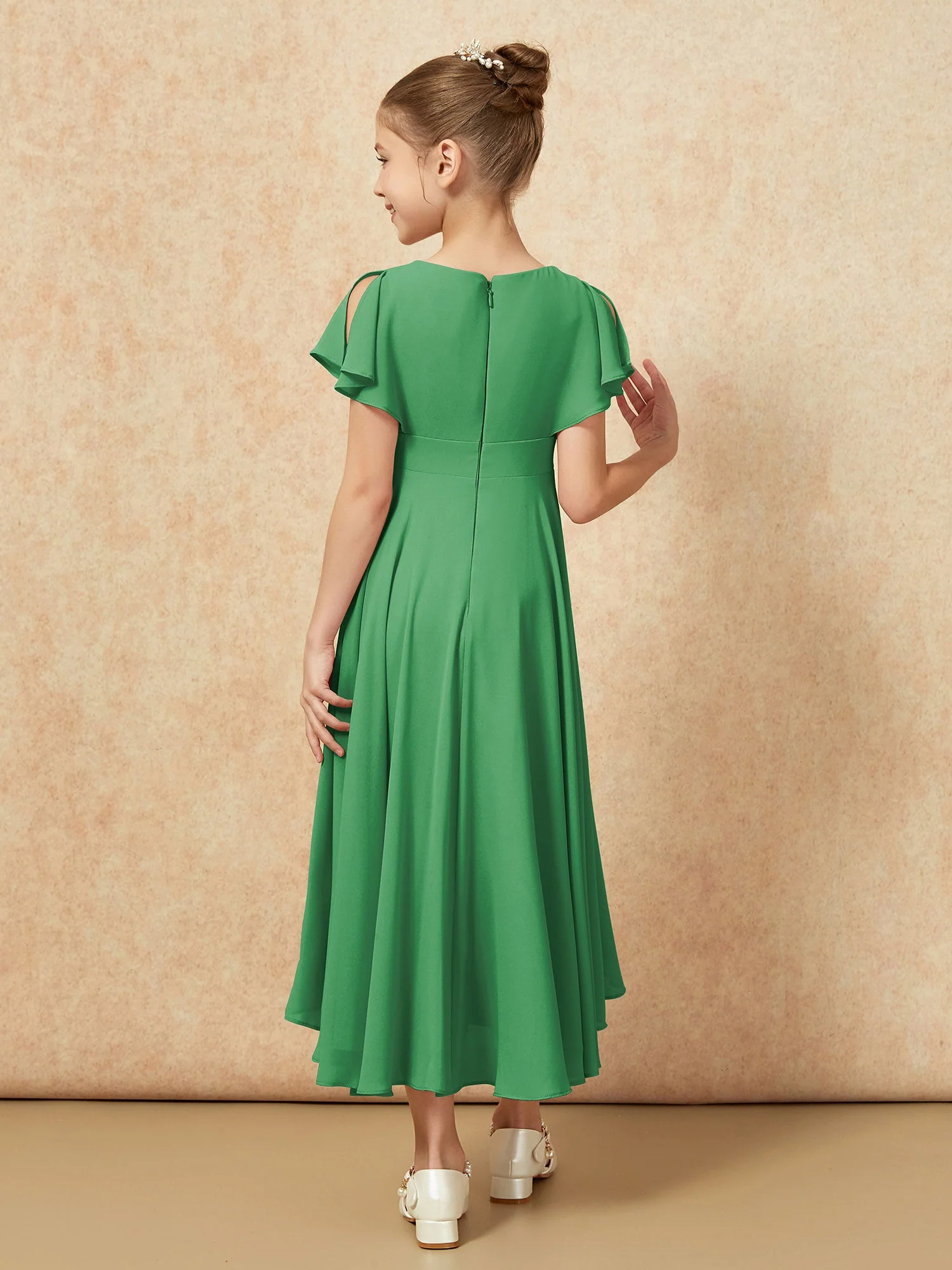 V-Ausschnitt Chiffon Asymmetrisch Junge Brautjungfernkleider Smaragd - Image 2