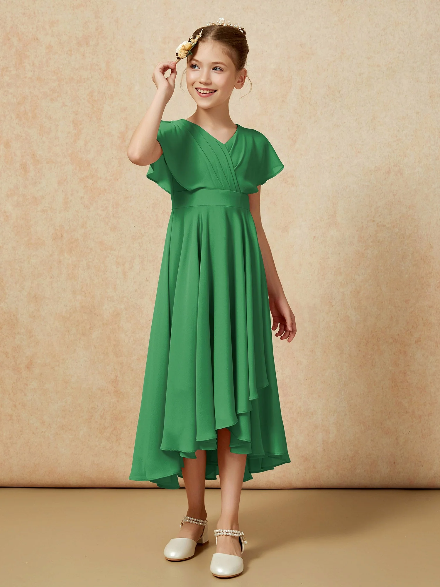 V-Ausschnitt Chiffon Asymmetrisch Junge Brautjungfernkleider Smaragd - Image 3