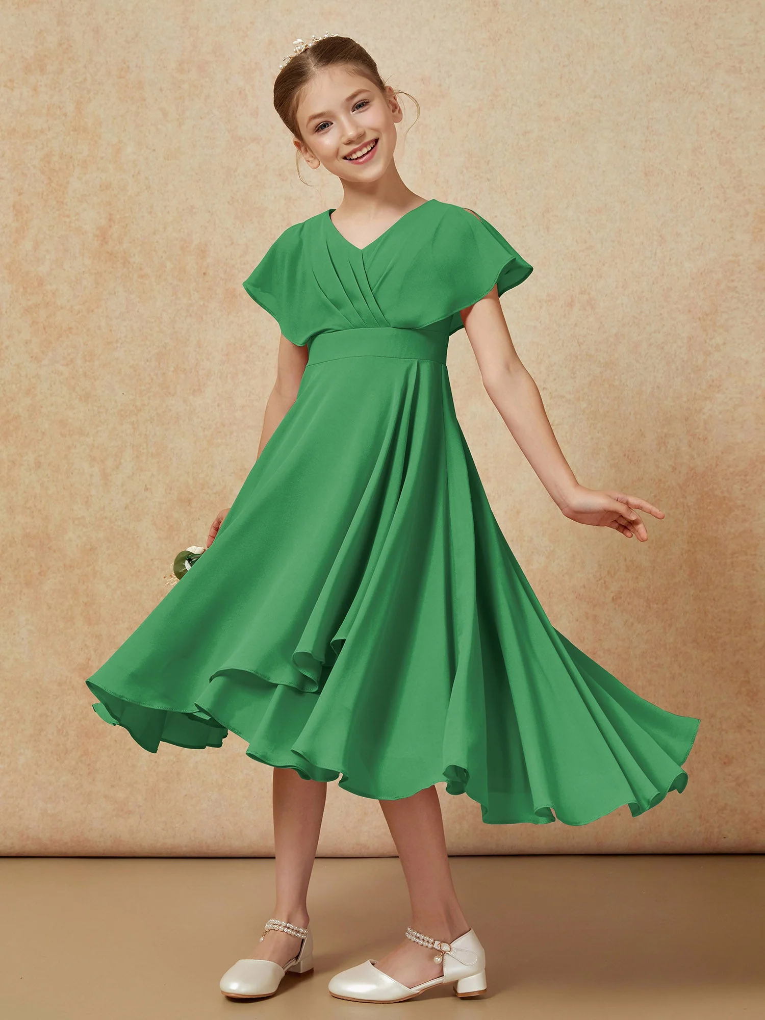 V-Ausschnitt Chiffon Asymmetrisch Junge Brautjungfernkleider Smaragd - Image 4