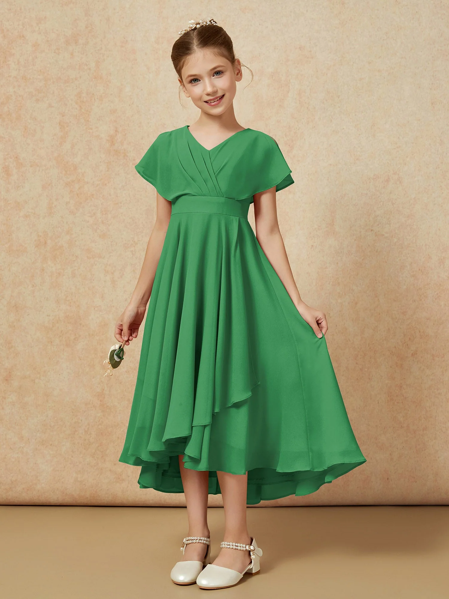 V-Ausschnitt Chiffon Asymmetrisch Junge Brautjungfernkleider Smaragd - Image 5