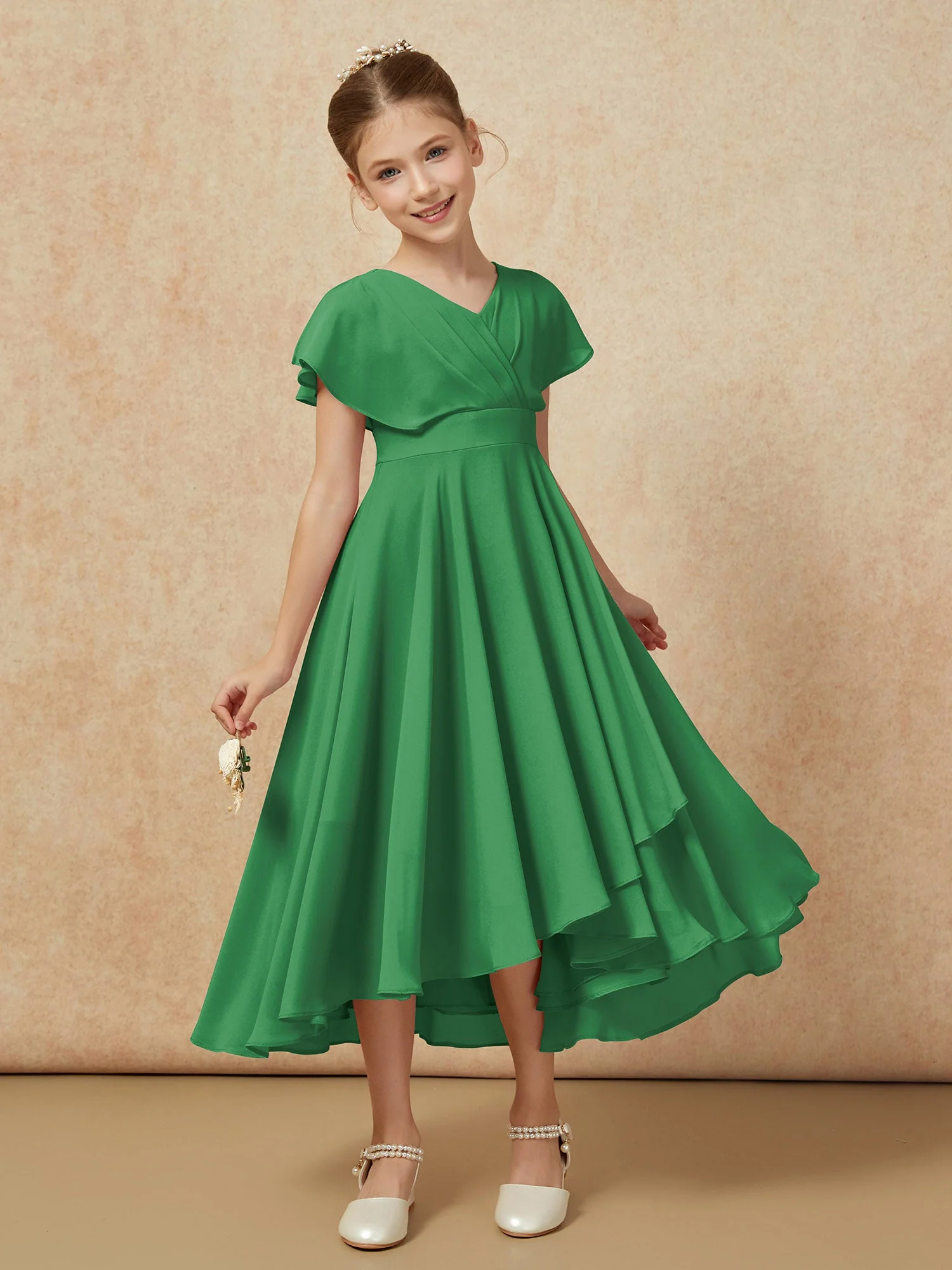 V-Ausschnitt Chiffon Asymmetrisch Junge Brautjungfernkleider Smaragd - Image 6