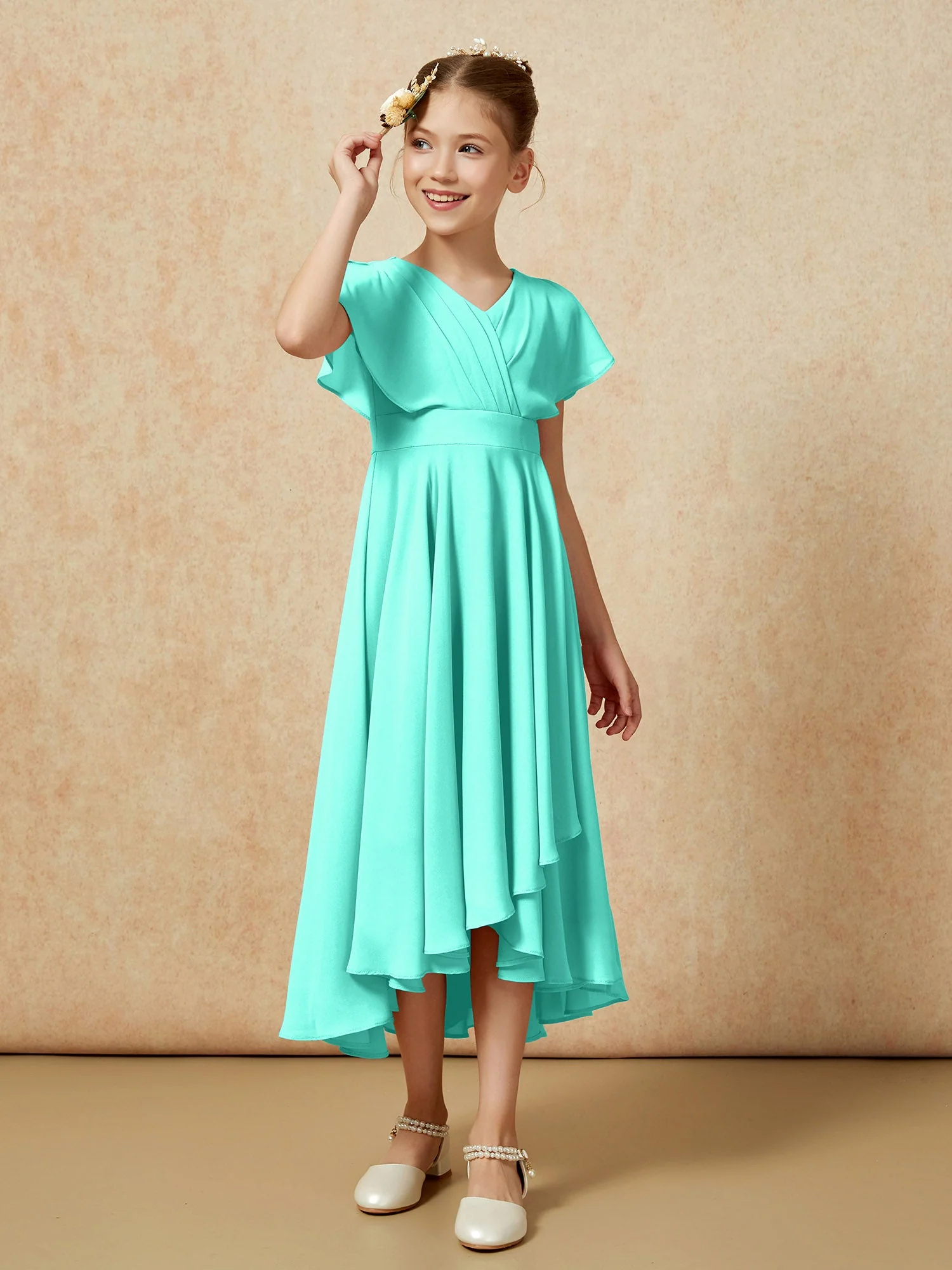 V-Ausschnitt Chiffon Asymmetrisch Junge Brautjungfernkleider Spa - Image 3