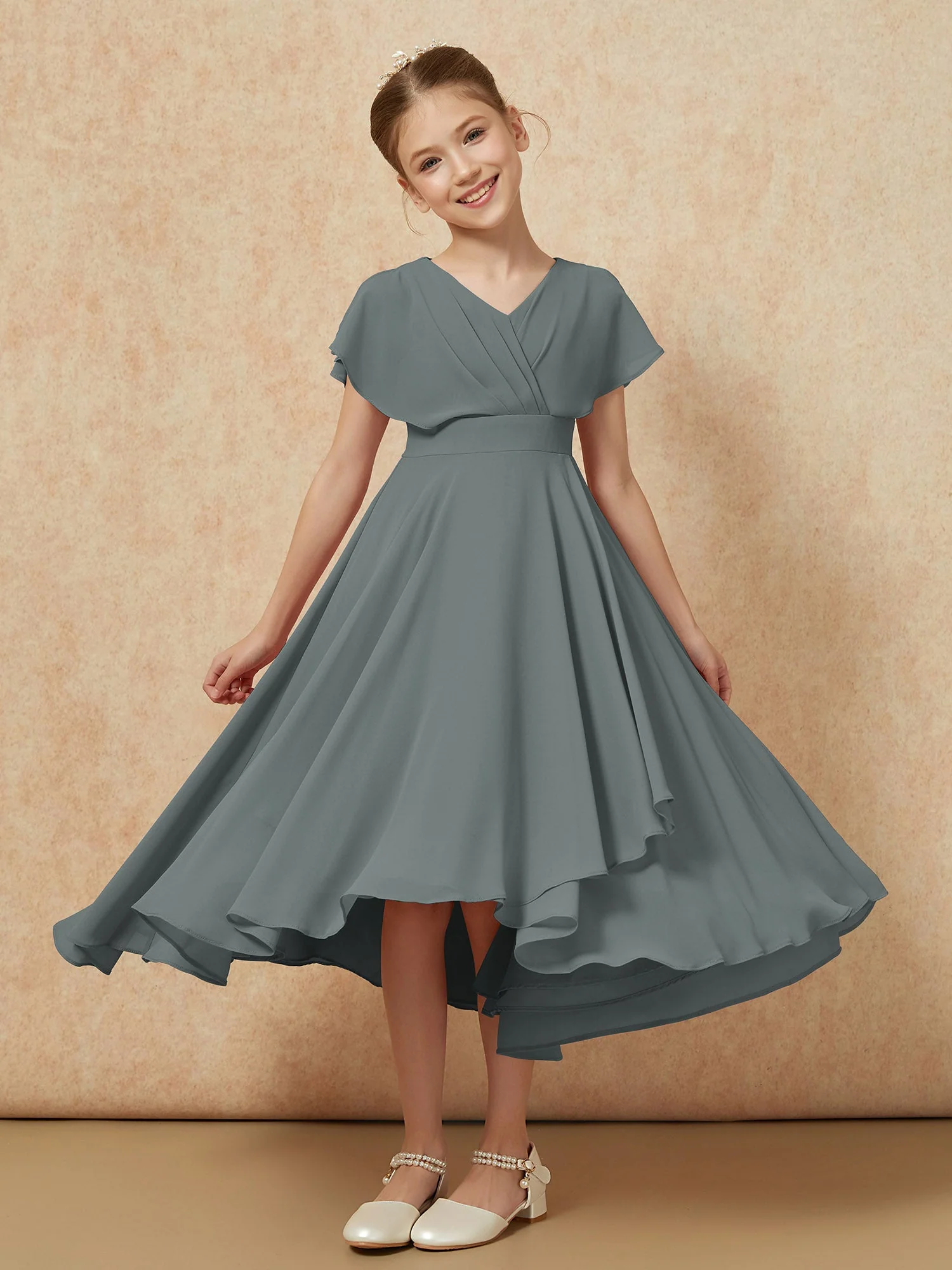 V-Ausschnitt Chiffon Asymmetrisch Junge Brautjungfernkleider Stahlgrau