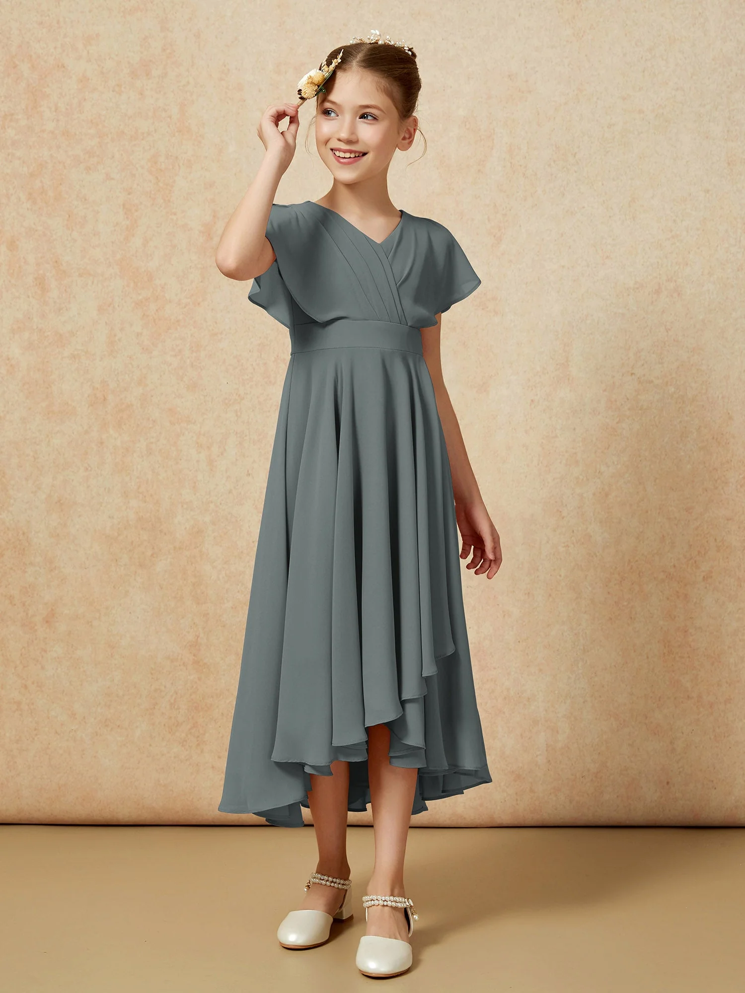 V-Ausschnitt Chiffon Asymmetrisch Junge Brautjungfernkleider Stahlgrau - Image 3