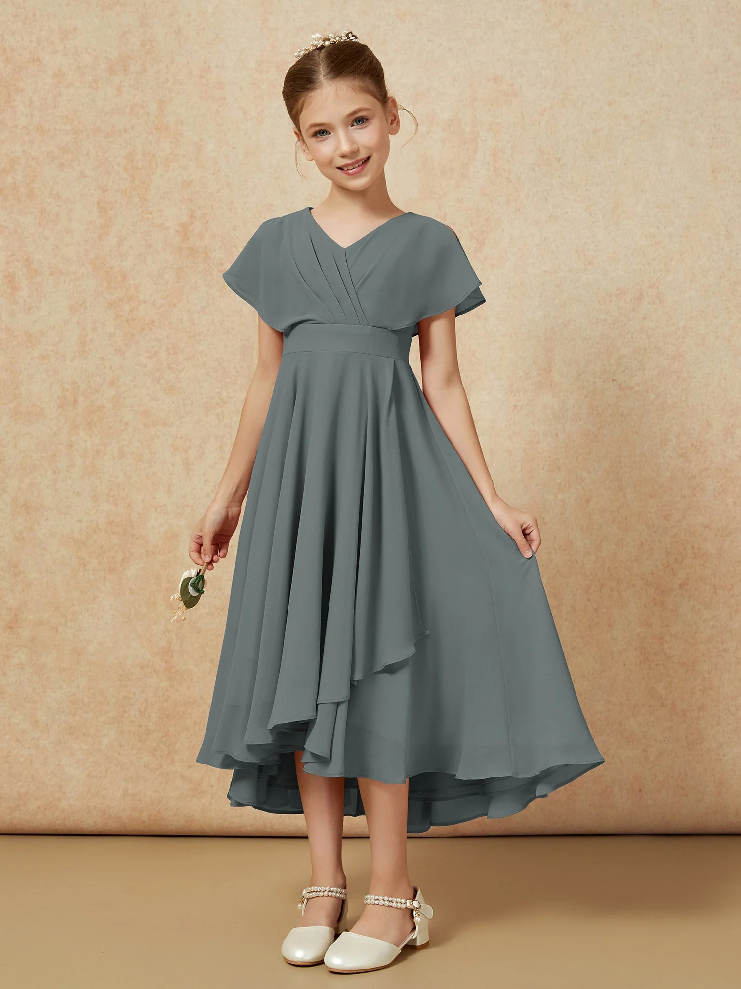 V-Ausschnitt Chiffon Asymmetrisch Junge Brautjungfernkleider Stahlgrau - Image 5