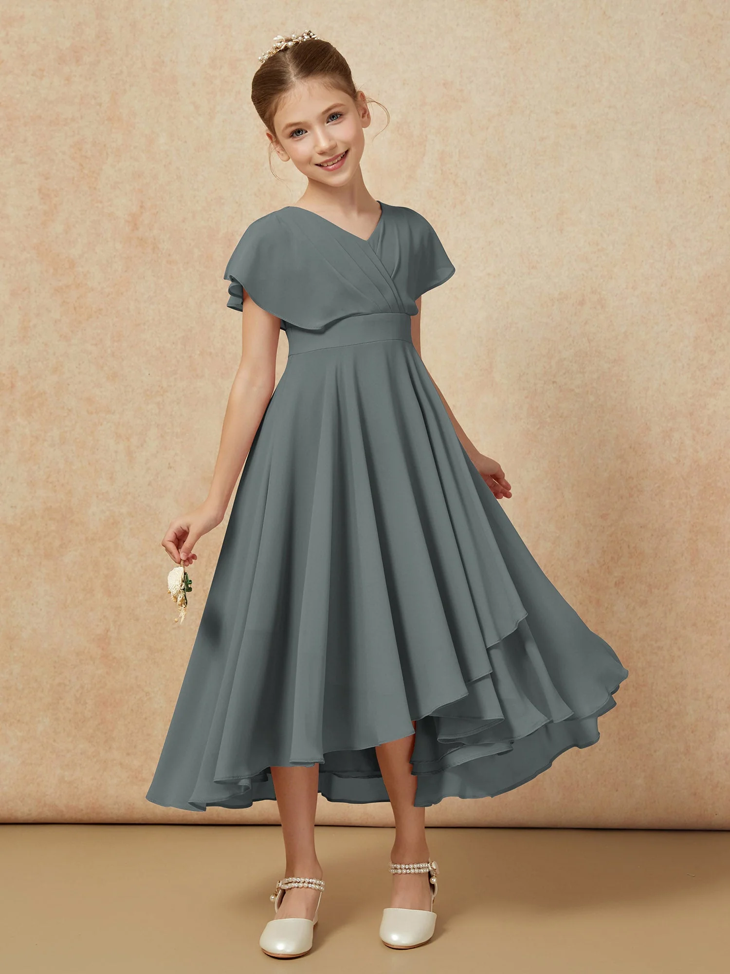 V-Ausschnitt Chiffon Asymmetrisch Junge Brautjungfernkleider Stahlgrau - Image 6