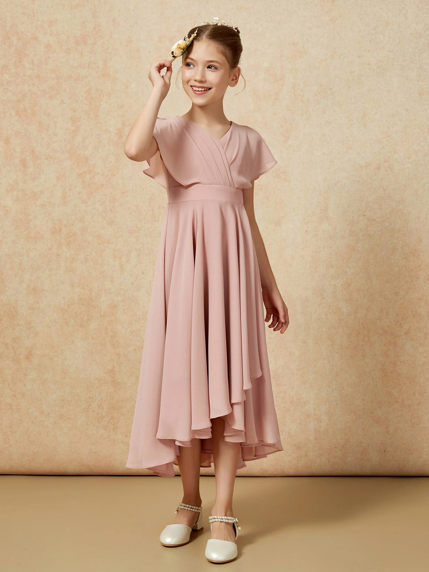 V-Ausschnitt Chiffon Asymmetrisch Junge Brautjungfernkleider Staubige Rosa - Image 3