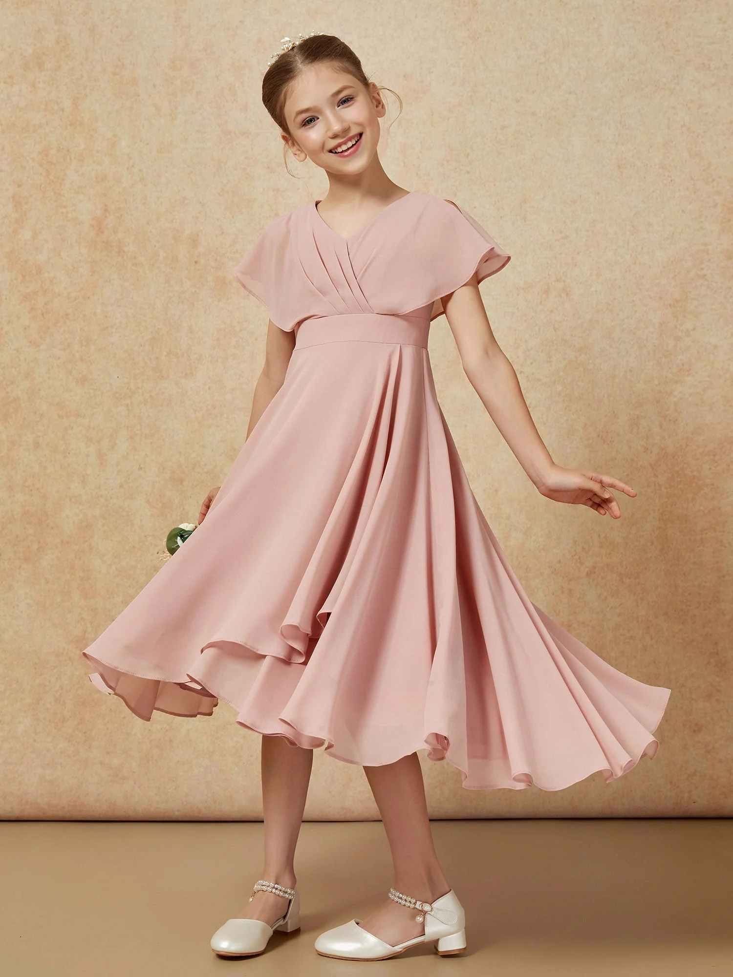 V-Ausschnitt Chiffon Asymmetrisch Junge Brautjungfernkleider Staubige Rosa - Image 4