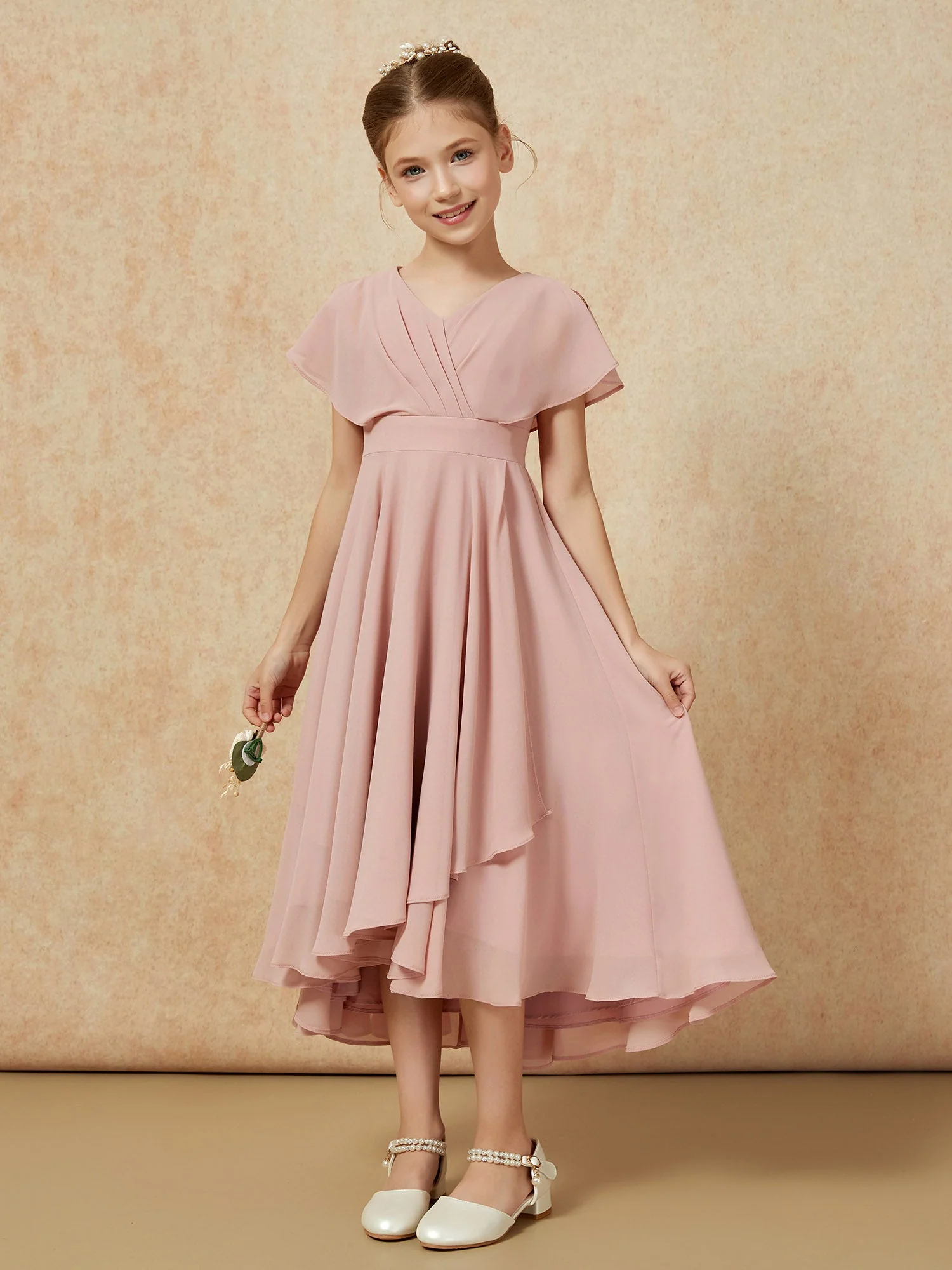 V-Ausschnitt Chiffon Asymmetrisch Junge Brautjungfernkleider Staubige Rosa - Image 5