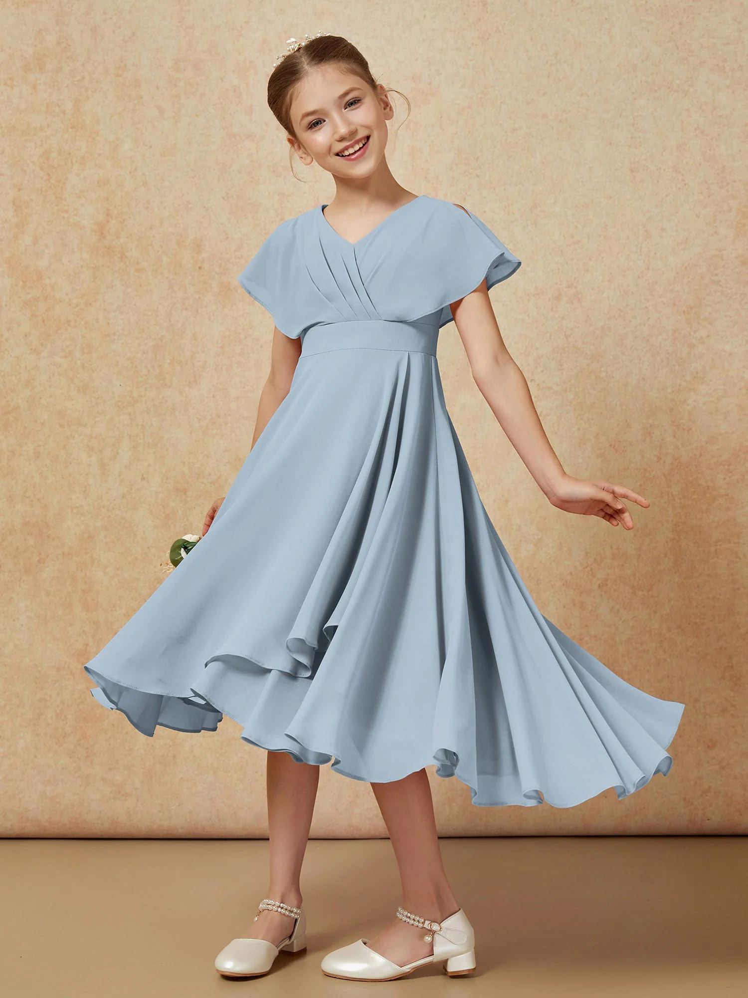 V-Ausschnitt Chiffon Asymmetrisch Junge Brautjungfernkleider Staubiges Blau - Image 4