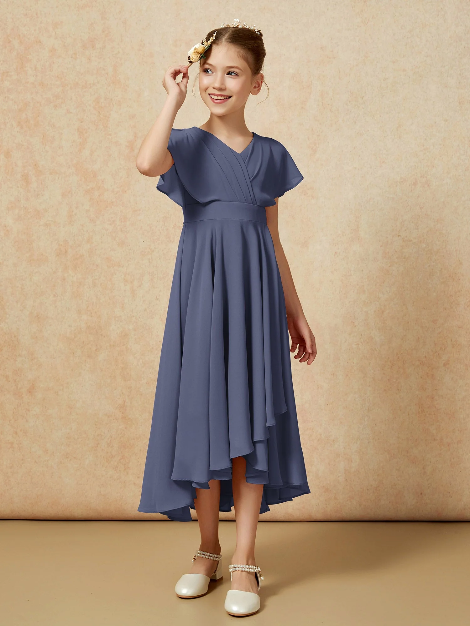 V-Ausschnitt Chiffon Asymmetrisch Junge Brautjungfernkleider Sturm - Image 3