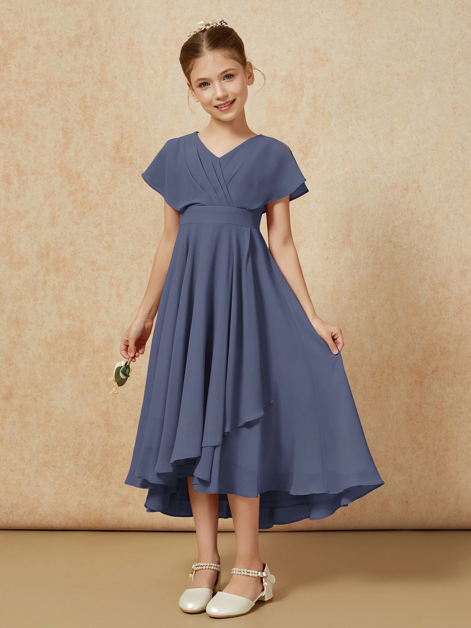V-Ausschnitt Chiffon Asymmetrisch Junge Brautjungfernkleider Sturm - Image 5