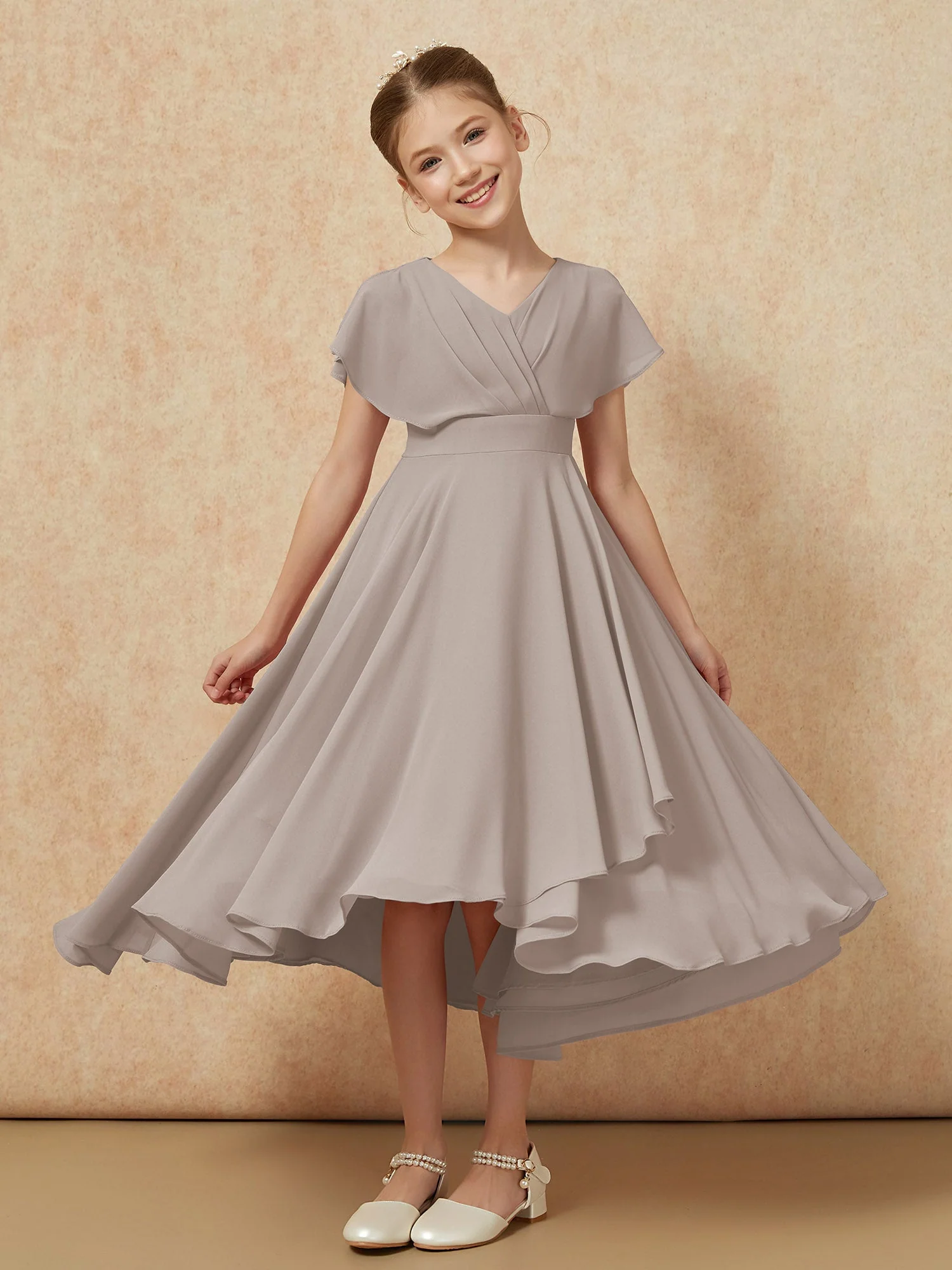 V-Ausschnitt Chiffon Asymmetrisch Junge Brautjungfernkleider Taupe