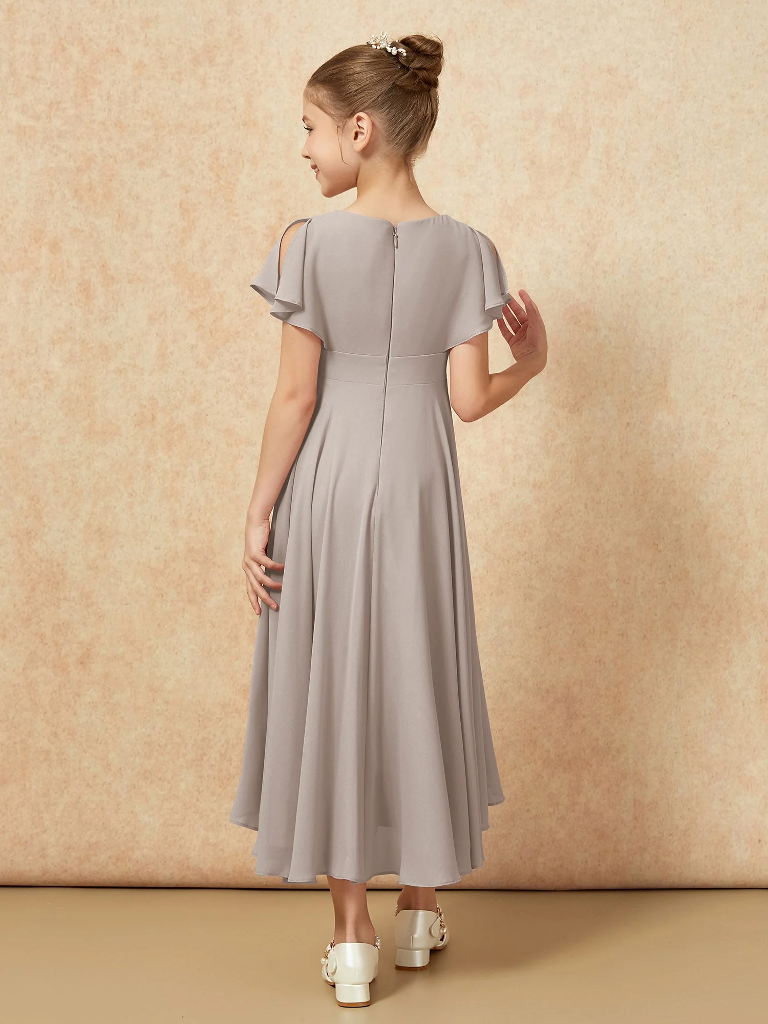 V-Ausschnitt Chiffon Asymmetrisch Junge Brautjungfernkleider Taupe - Image 2