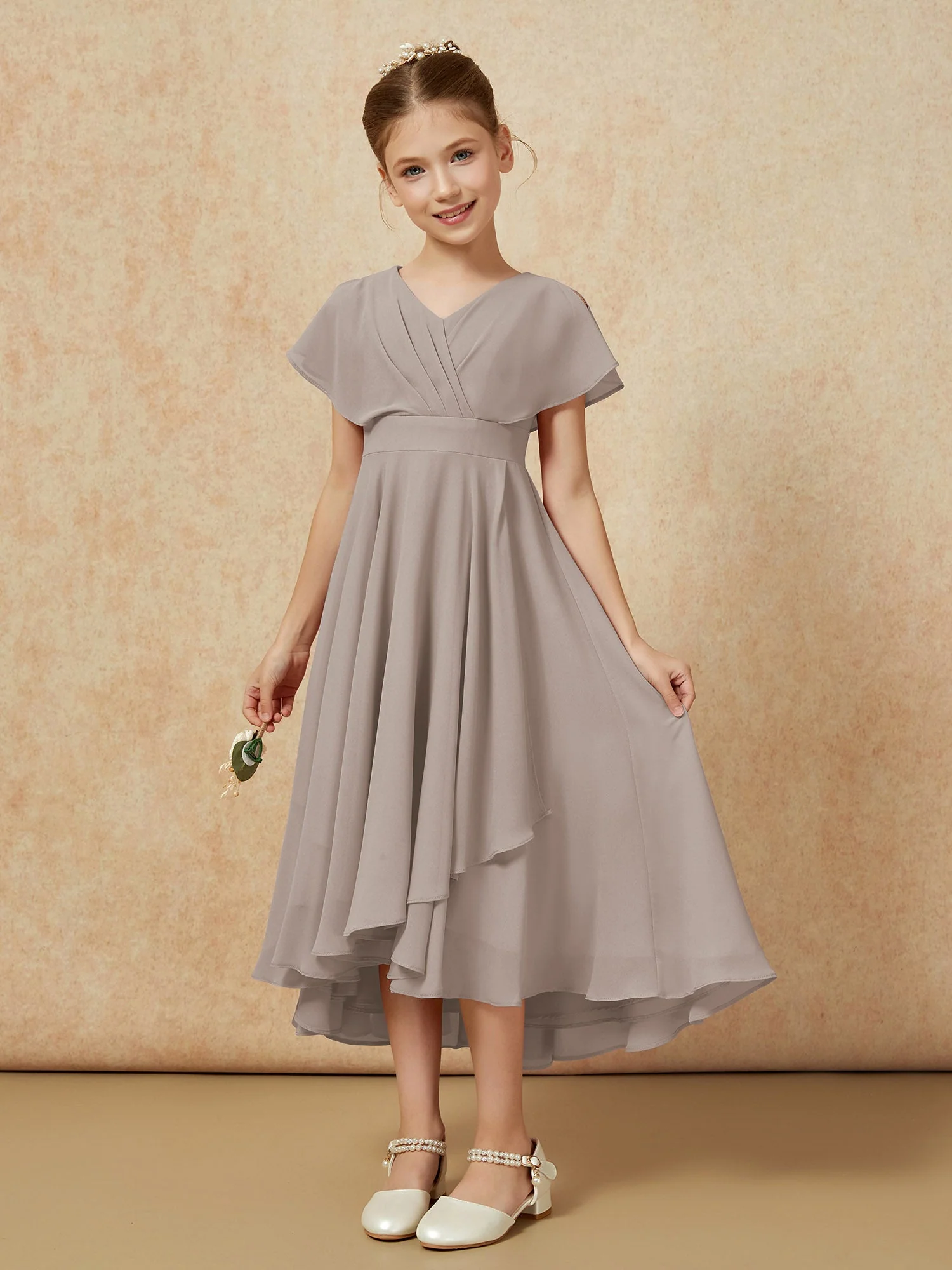 V-Ausschnitt Chiffon Asymmetrisch Junge Brautjungfernkleider Taupe - Image 5