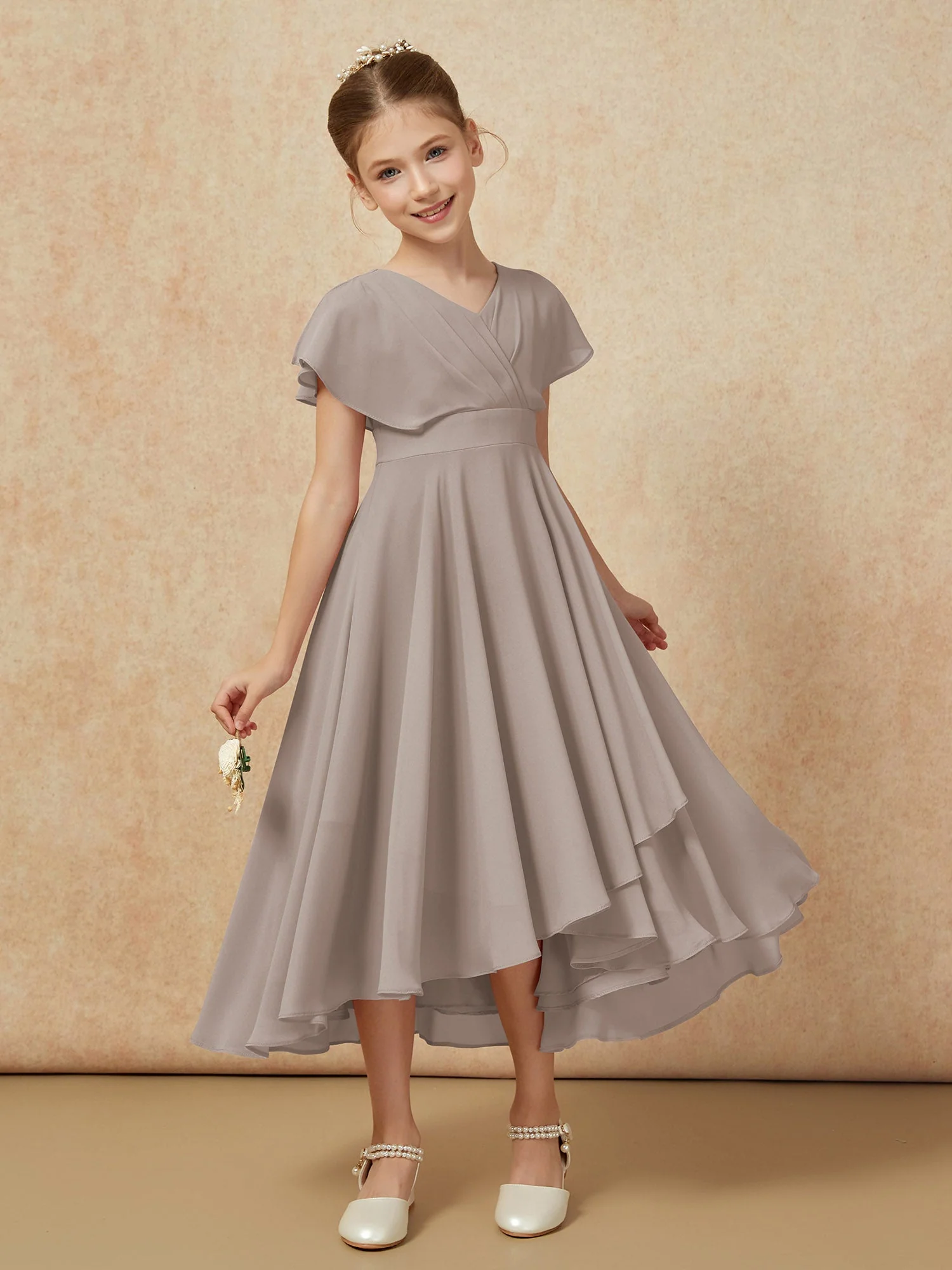 V-Ausschnitt Chiffon Asymmetrisch Junge Brautjungfernkleider Taupe - Image 6