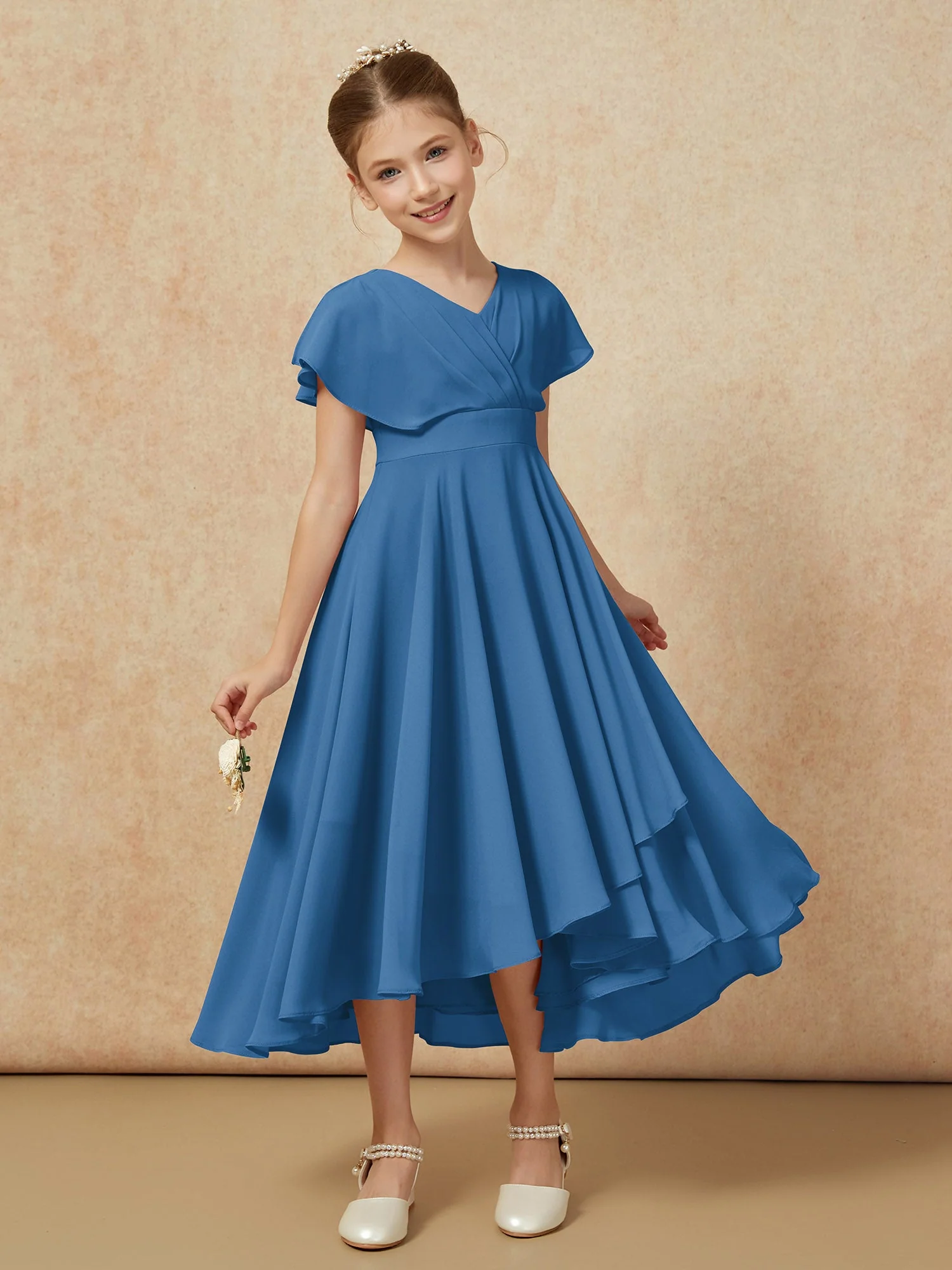 V-Ausschnitt Chiffon Asymmetrisch Junge Brautjungfernkleider Tinte Blau - Image 6