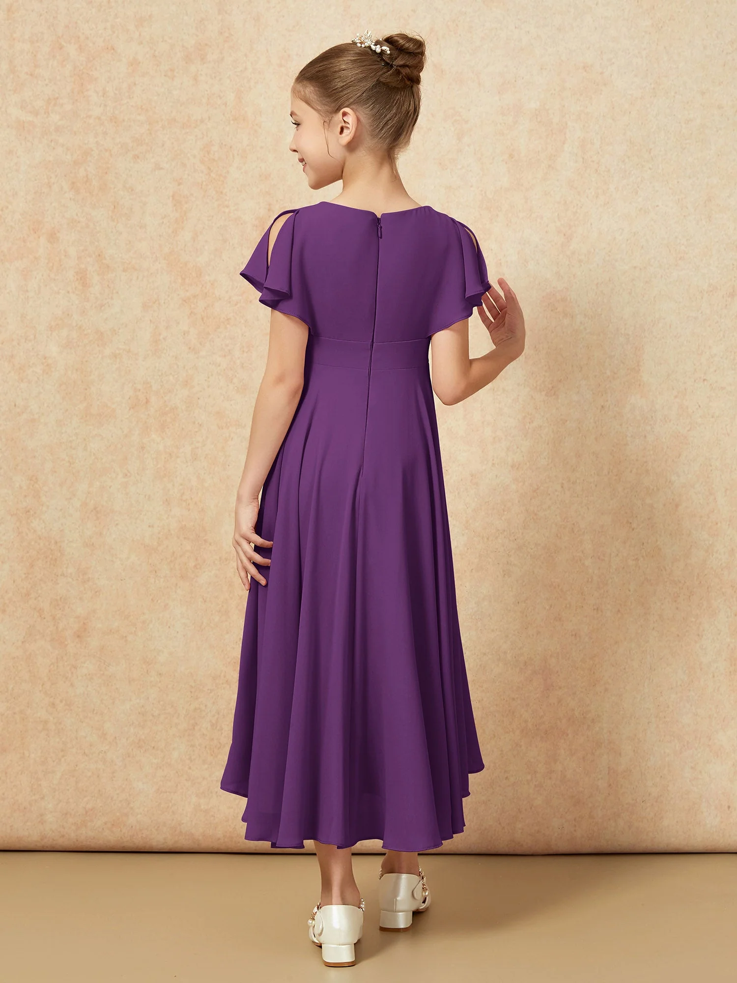 V-Ausschnitt Chiffon Asymmetrisch Junge Brautjungfernkleider Traube - Image 2