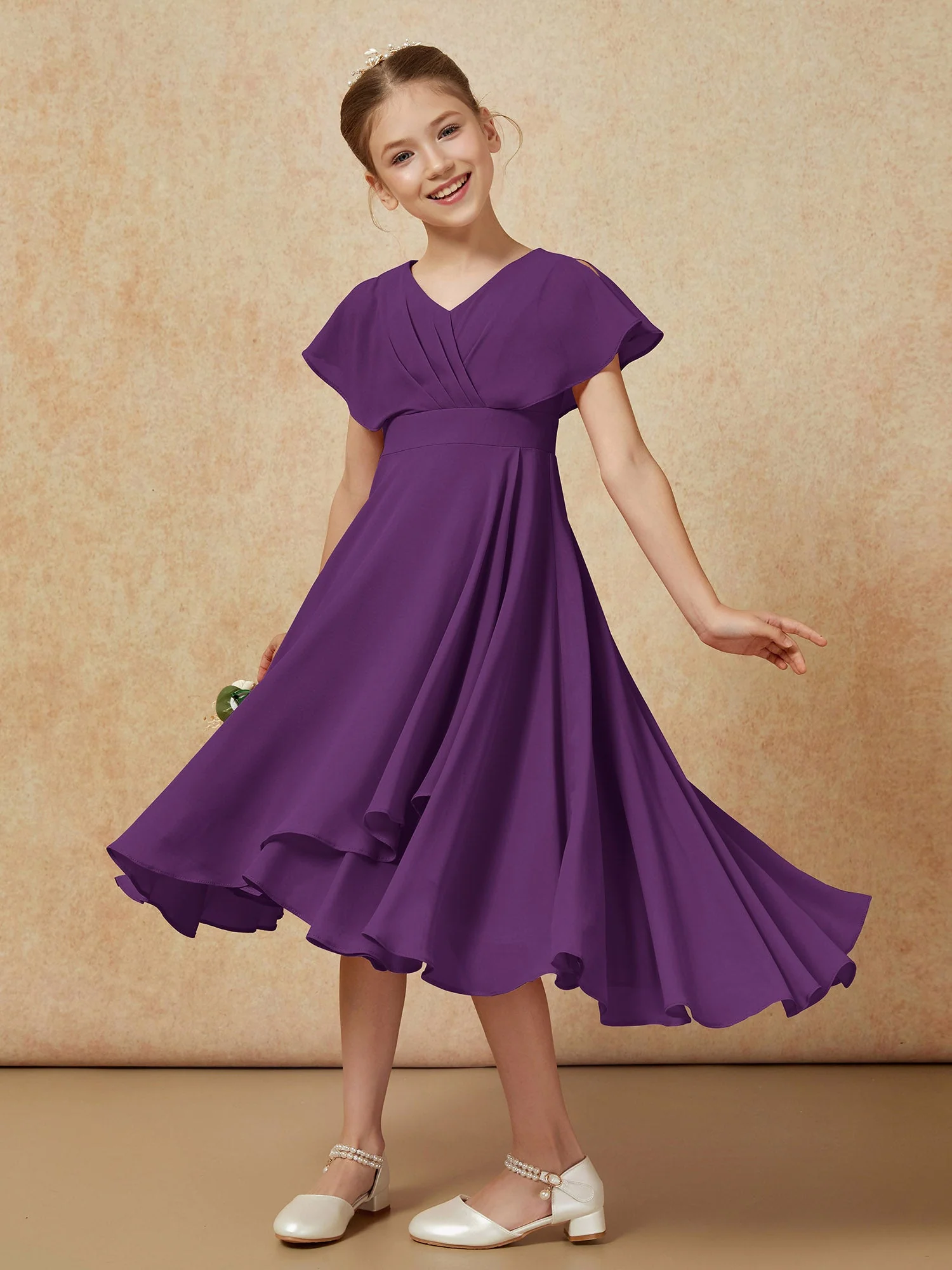 V-Ausschnitt Chiffon Asymmetrisch Junge Brautjungfernkleider Traube - Image 4