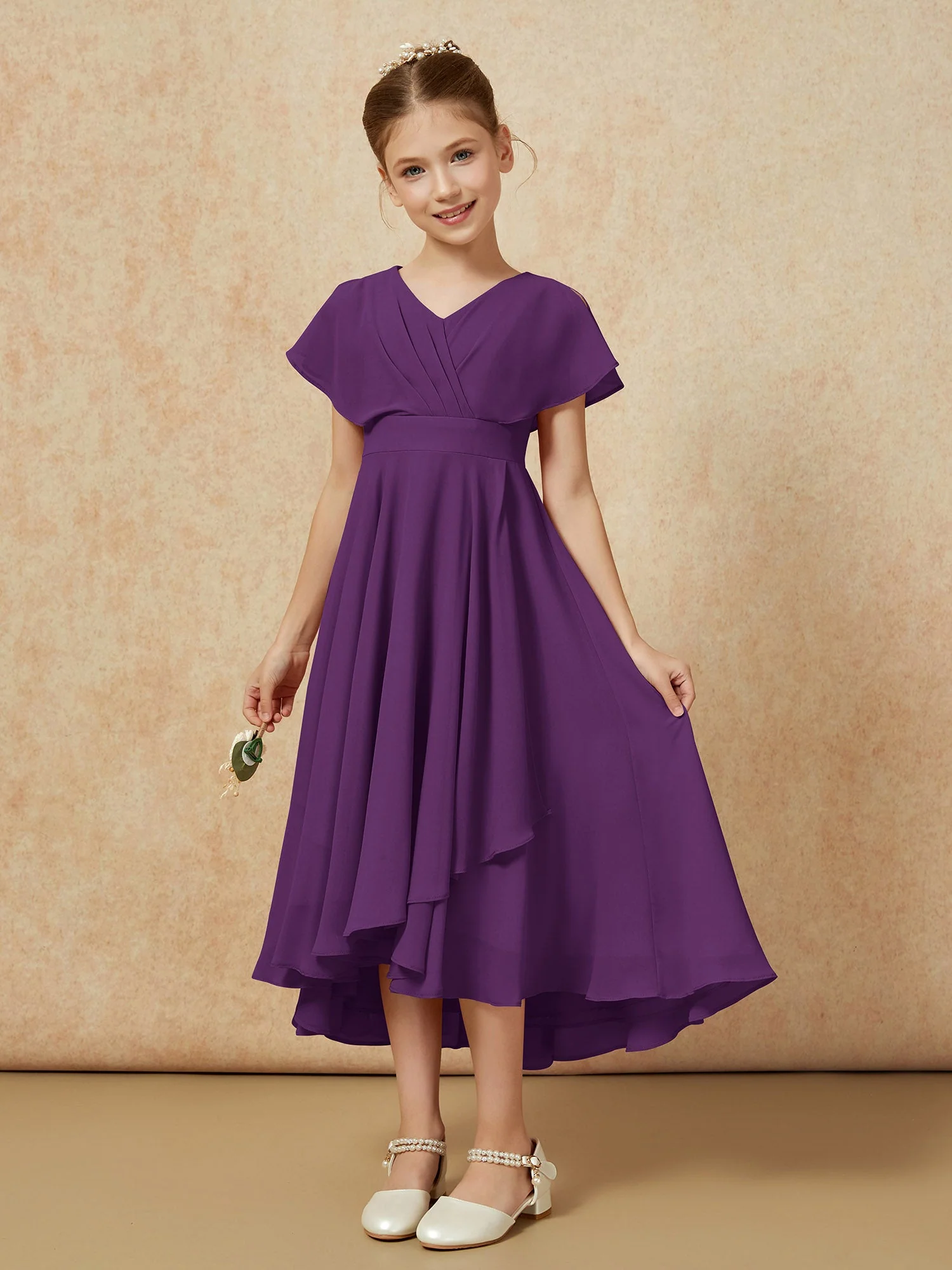 V-Ausschnitt Chiffon Asymmetrisch Junge Brautjungfernkleider Traube - Image 5