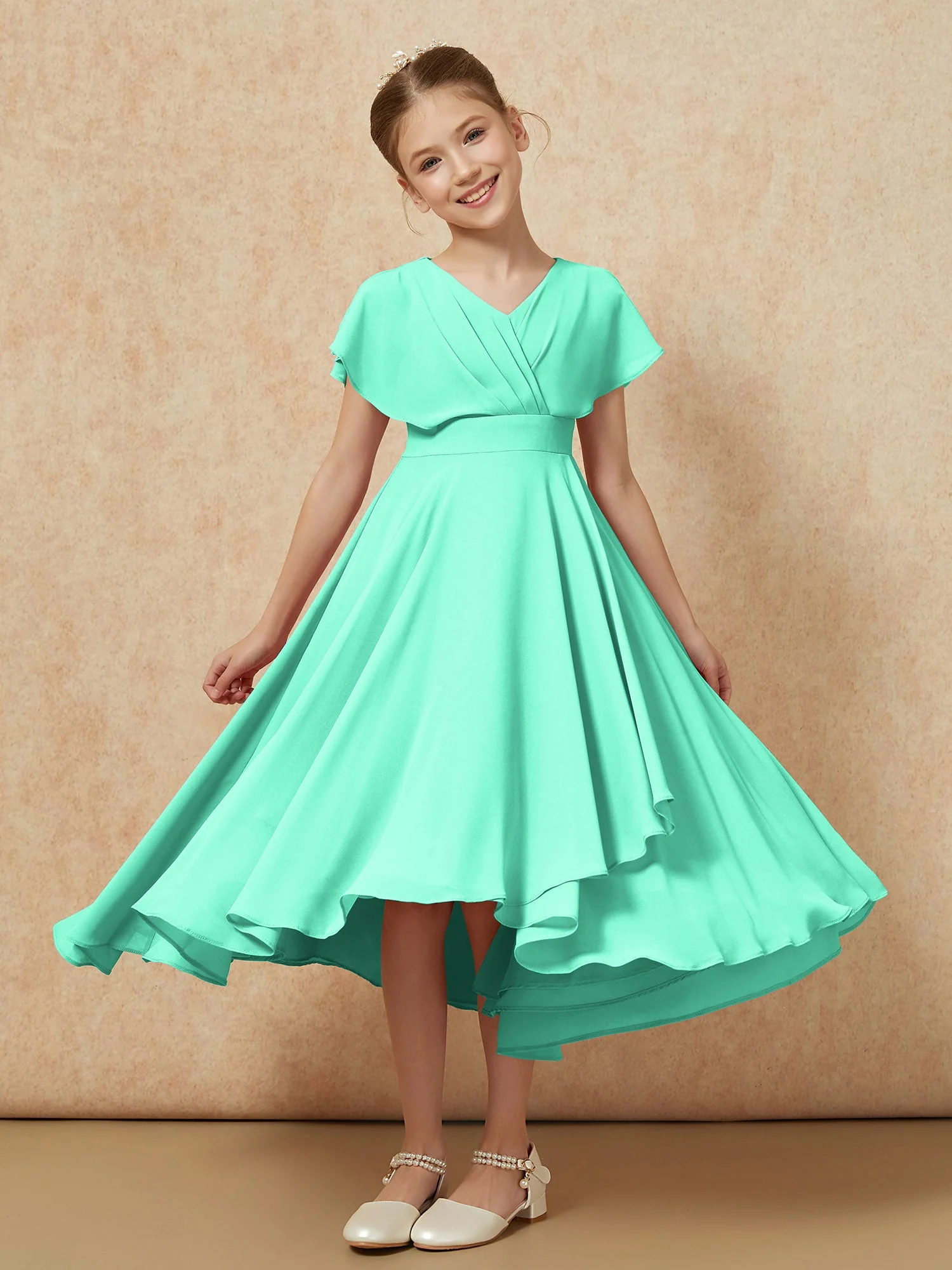 V-Ausschnitt Chiffon Asymmetrisch Junge Brautjungfernkleider Türkis