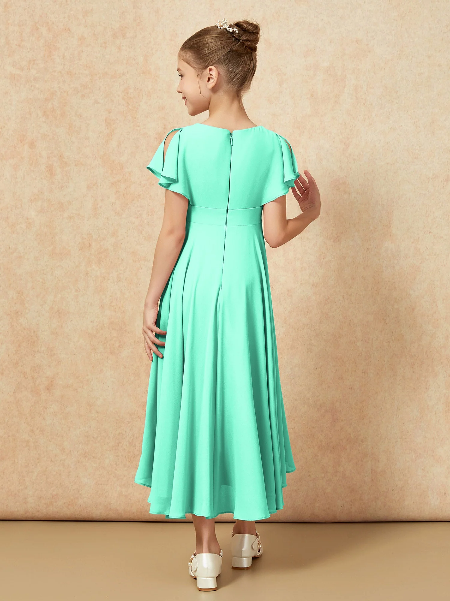 V-Ausschnitt Chiffon Asymmetrisch Junge Brautjungfernkleider Türkis - Image 2