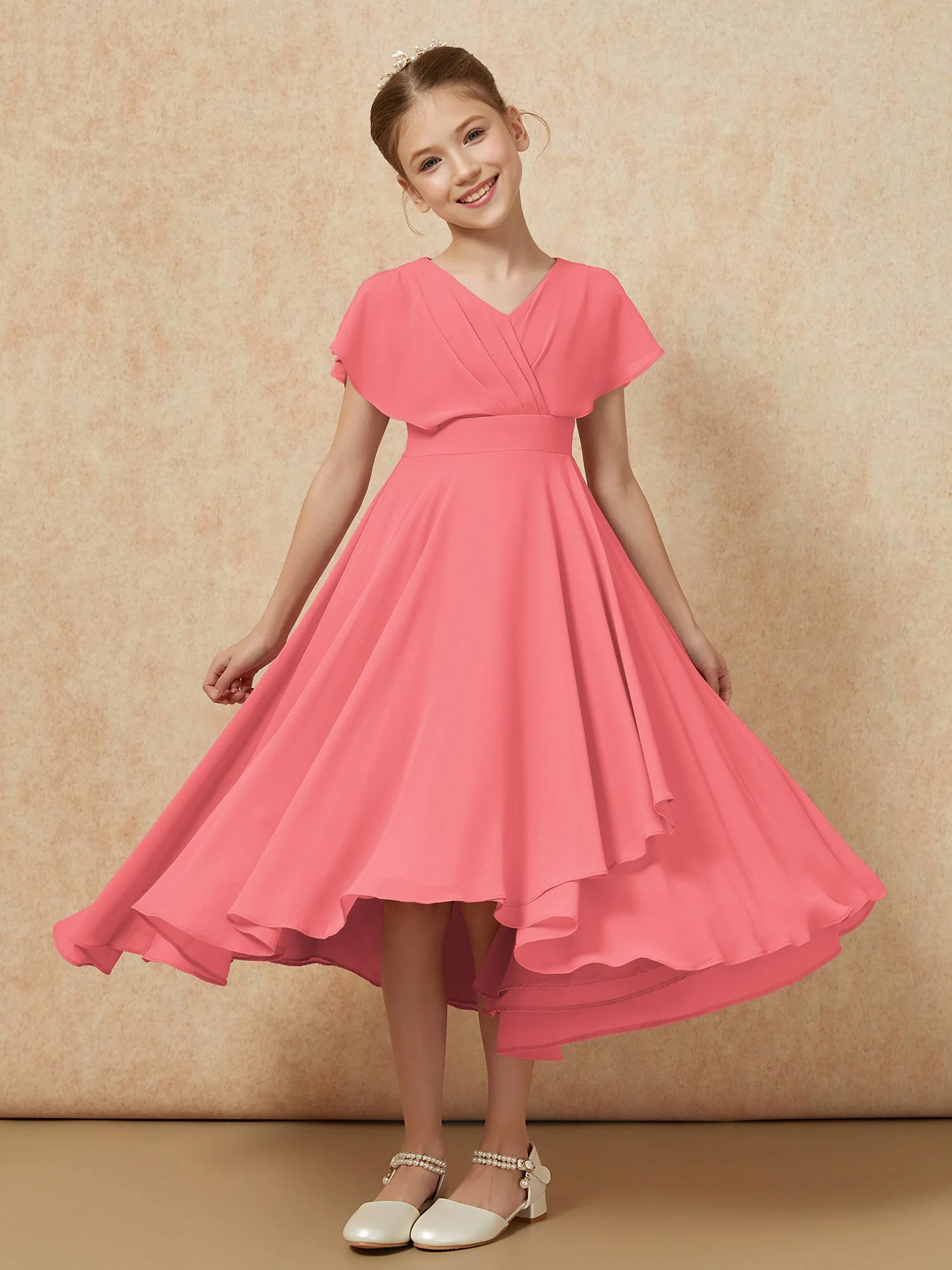 V-Ausschnitt Chiffon Asymmetrisch Junge Brautjungfernkleider Wassermelone