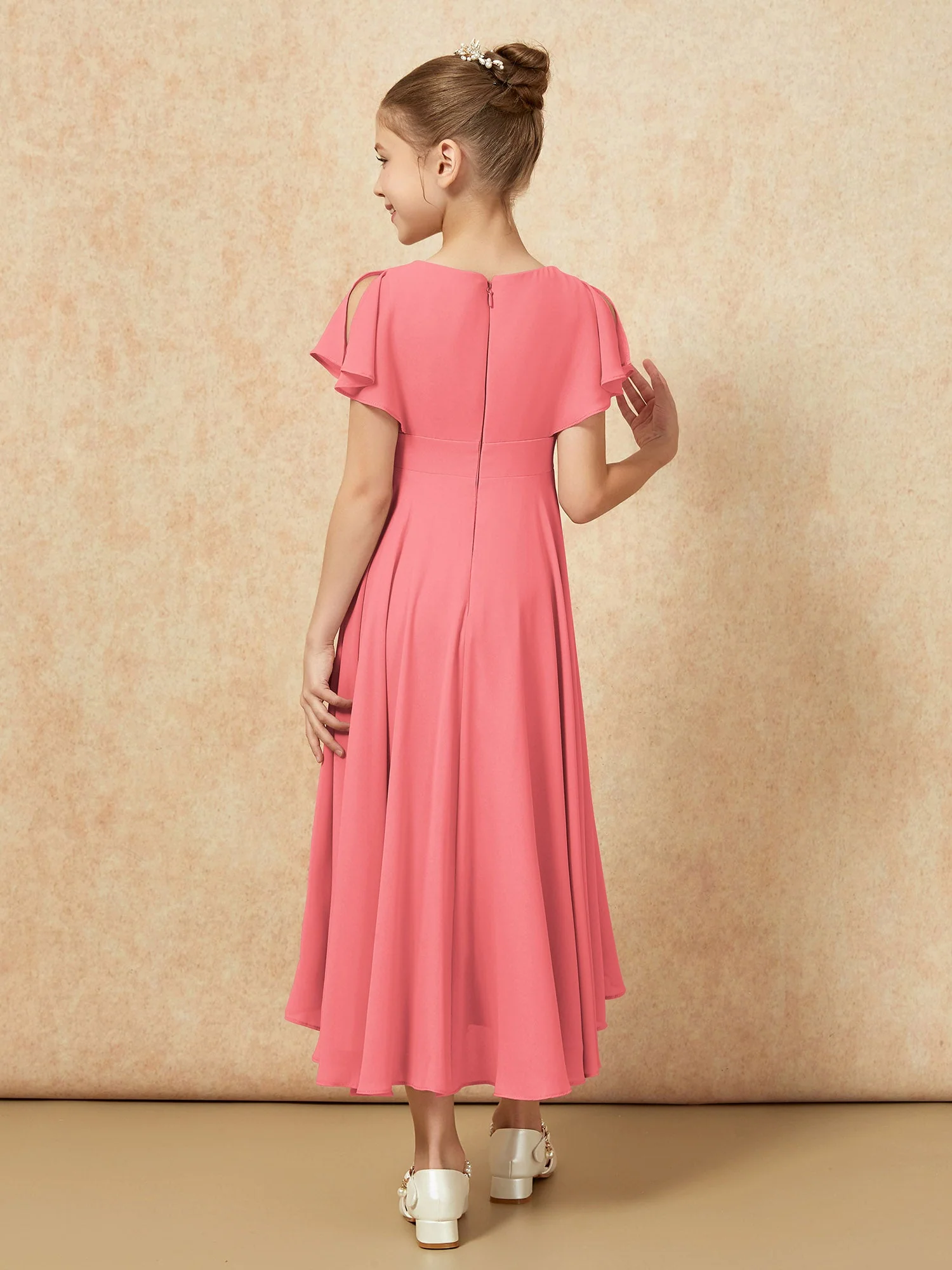 V-Ausschnitt Chiffon Asymmetrisch Junge Brautjungfernkleider Wassermelone - Image 2