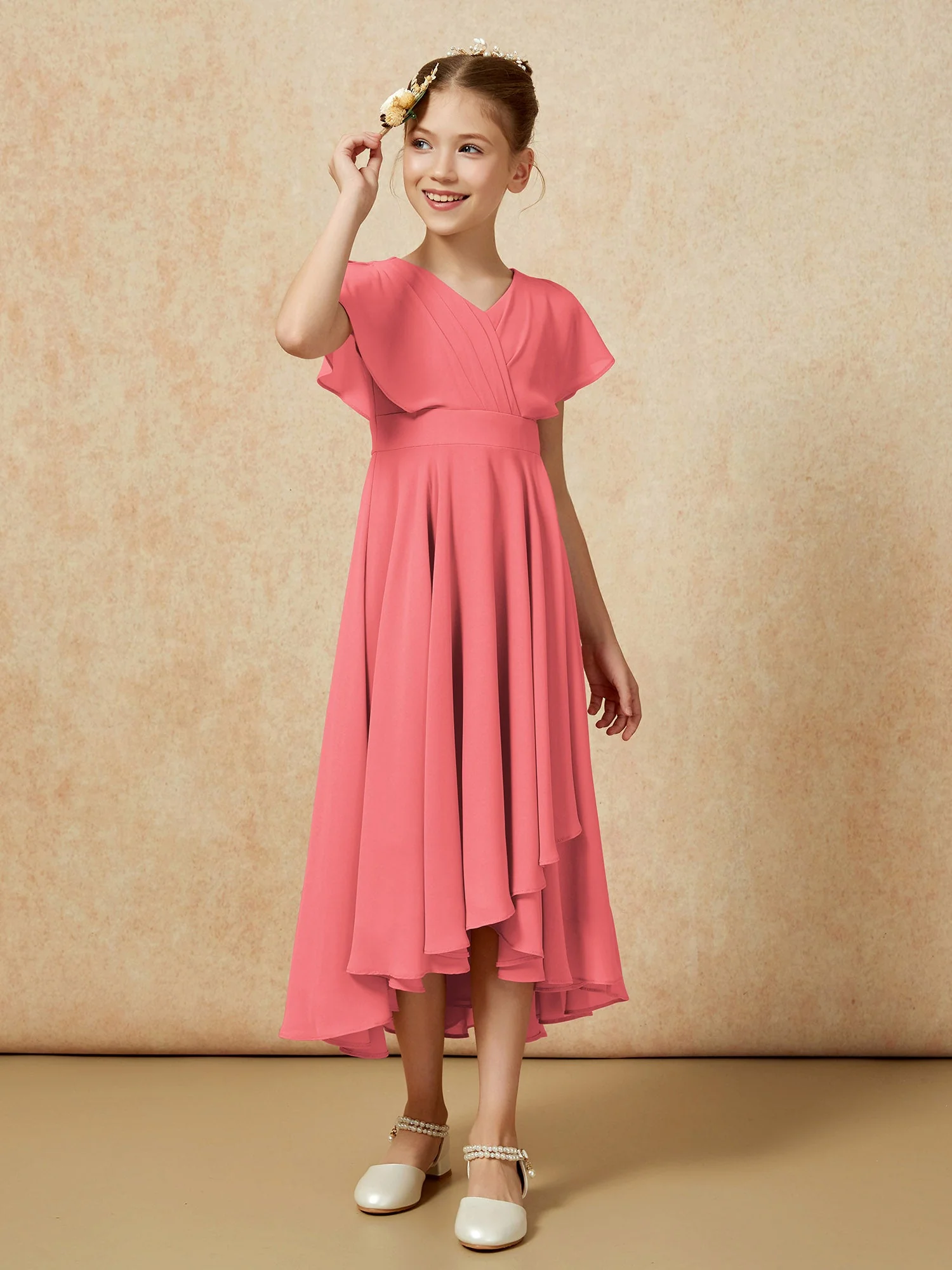 V-Ausschnitt Chiffon Asymmetrisch Junge Brautjungfernkleider Wassermelone - Image 3