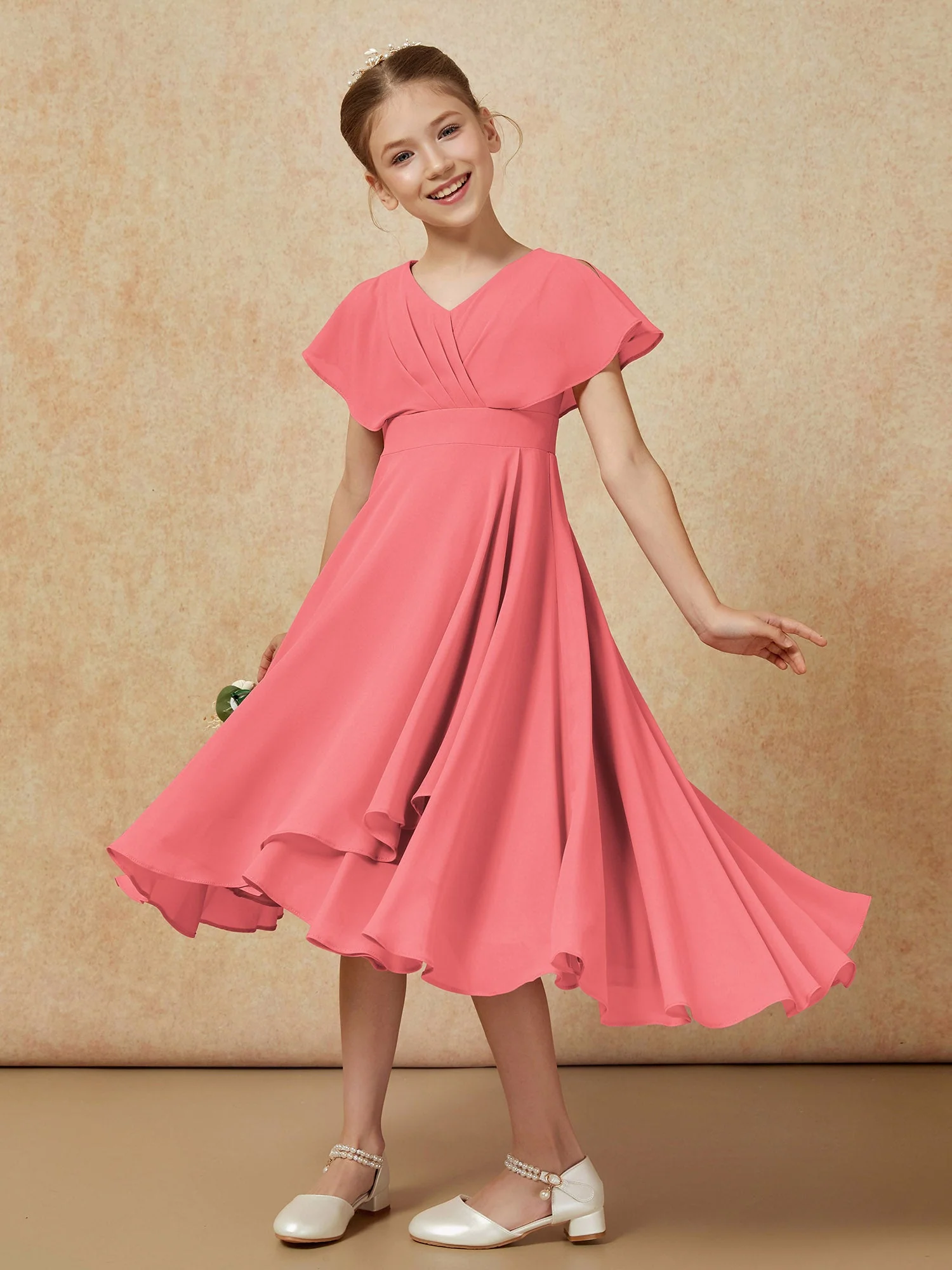 V-Ausschnitt Chiffon Asymmetrisch Junge Brautjungfernkleider Wassermelone - Image 4