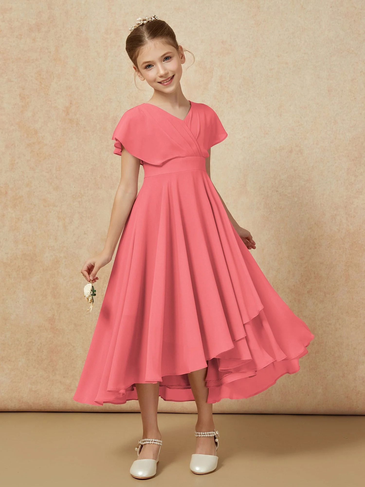 V-Ausschnitt Chiffon Asymmetrisch Junge Brautjungfernkleider Wassermelone - Image 6