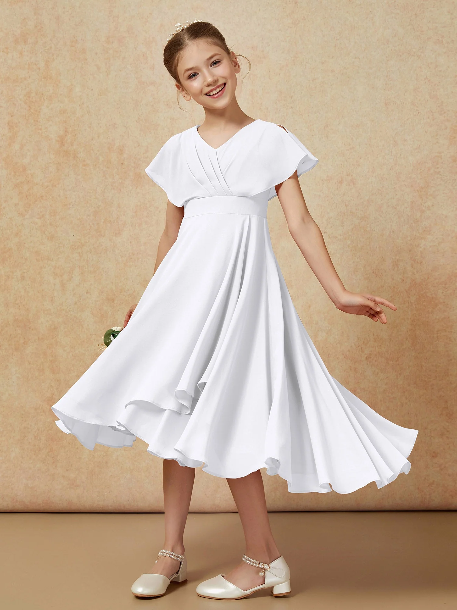 V-Ausschnitt Chiffon Asymmetrisch Junge Brautjungfernkleider Weiß - Image 4