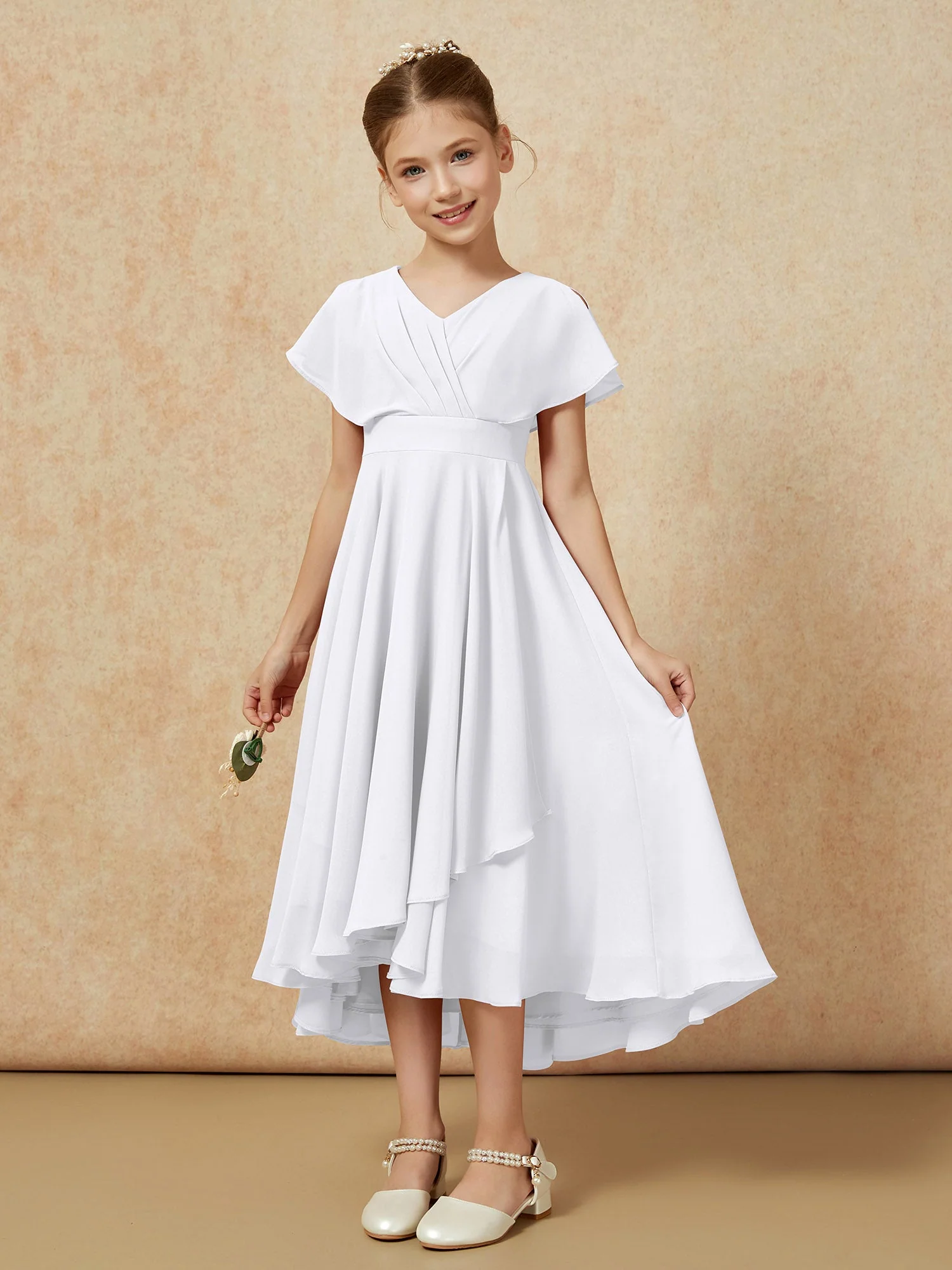 V-Ausschnitt Chiffon Asymmetrisch Junge Brautjungfernkleider Weiß - Image 5