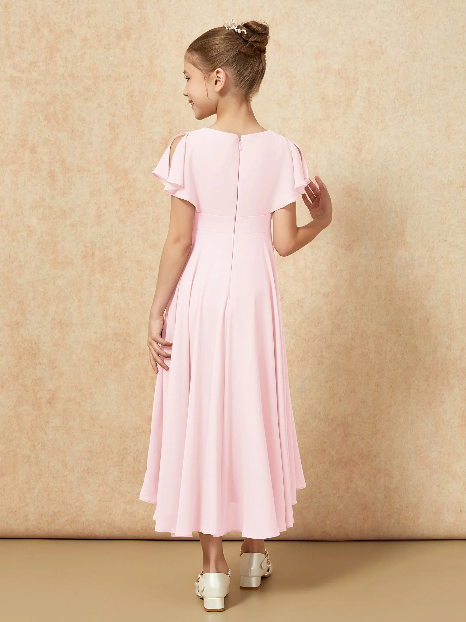 V-Ausschnitt Chiffon Asymmetrisch Junge Brautjungfernkleider Zartrosa - Image 2
