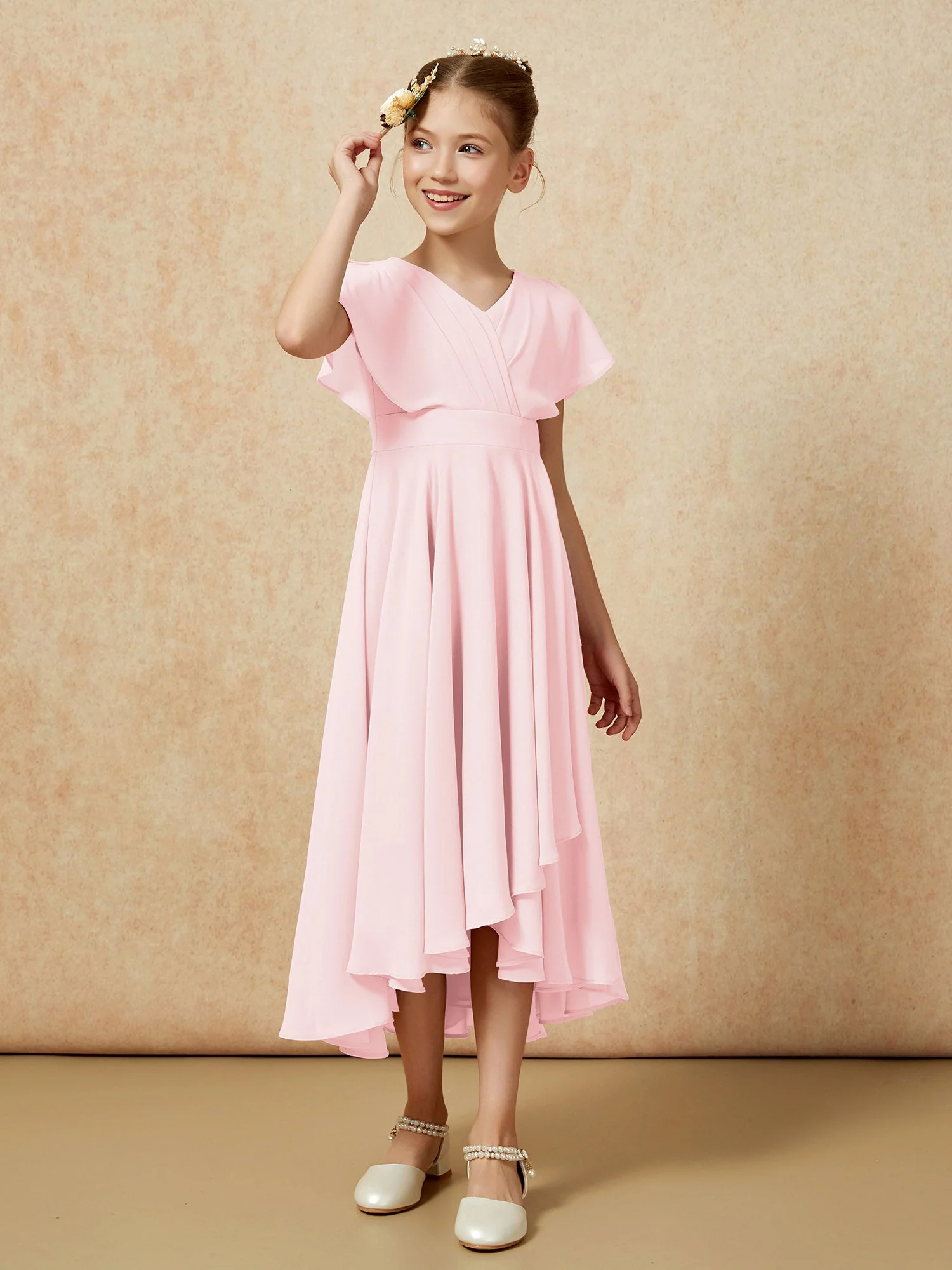 V-Ausschnitt Chiffon Asymmetrisch Junge Brautjungfernkleider Zartrosa - Image 3