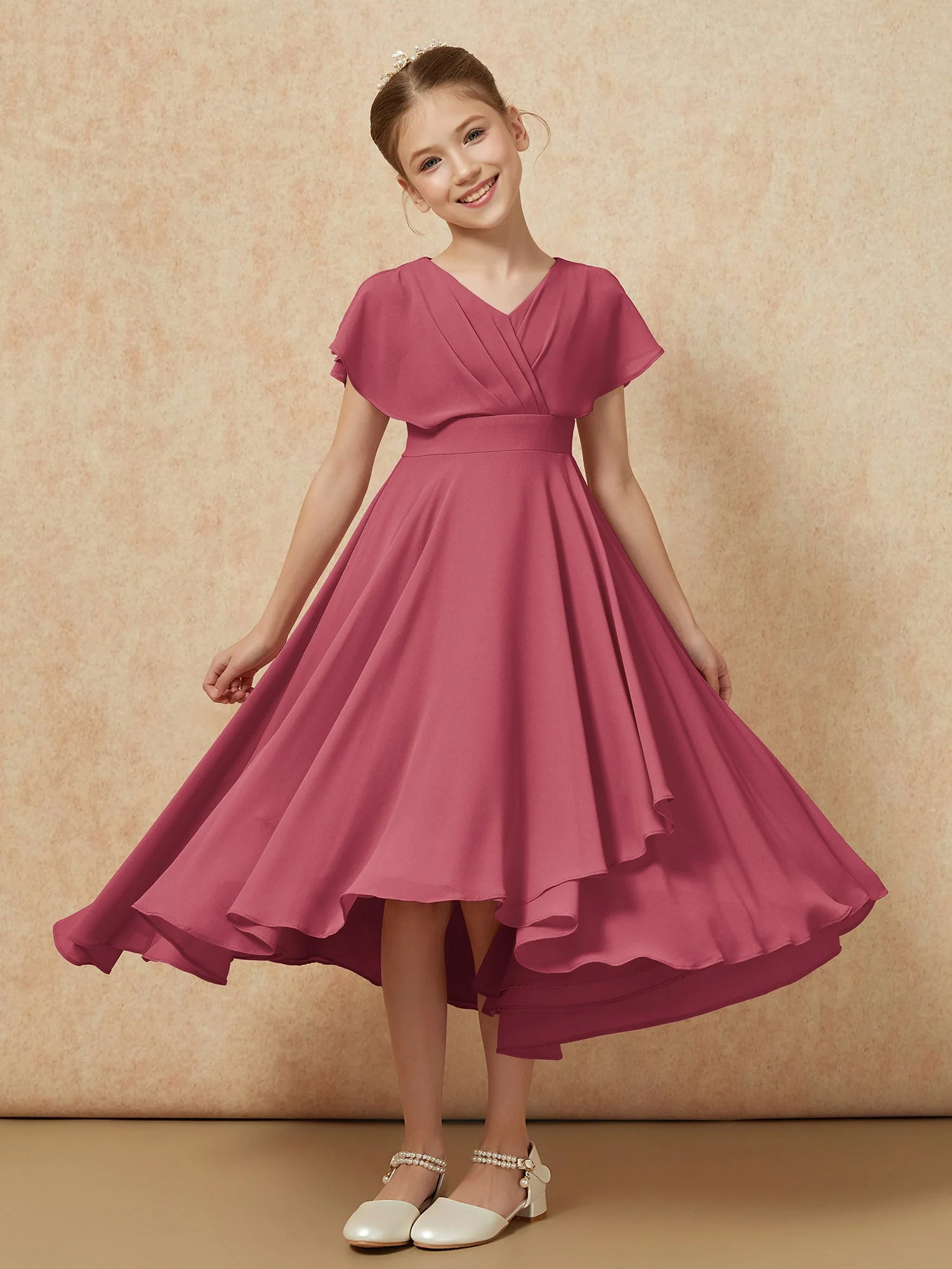 V-Ausschnitt Chiffon Asymmetrisch Junge Brautjungfernkleider Zimtrose