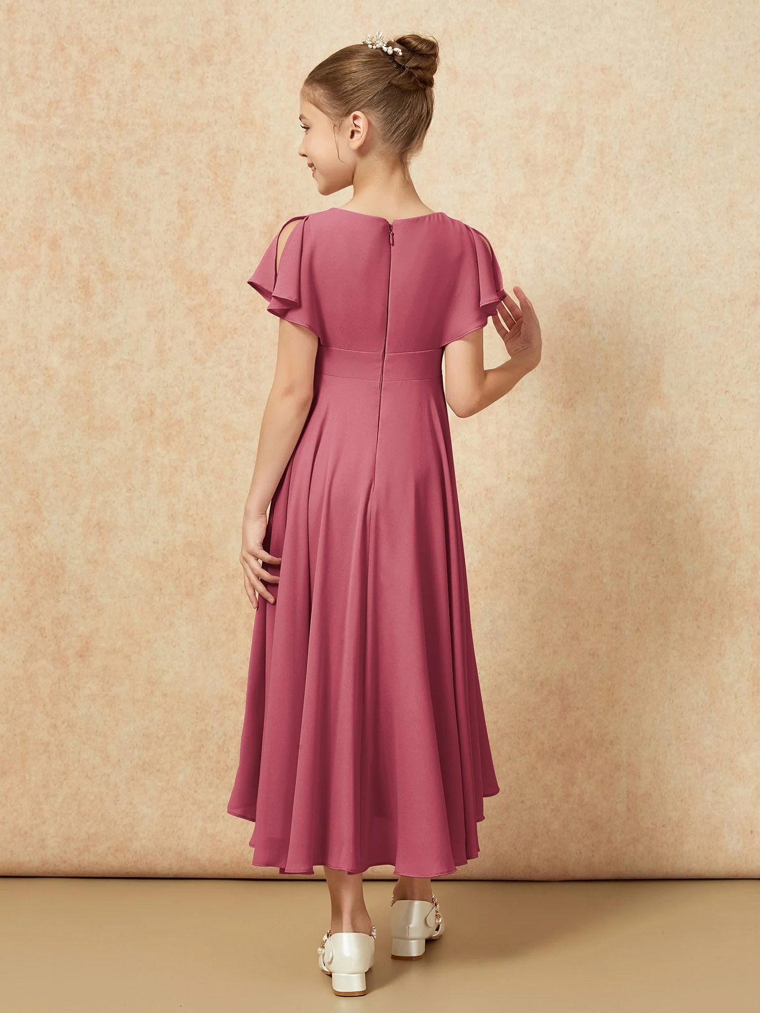 V-Ausschnitt Chiffon Asymmetrisch Junge Brautjungfernkleider Zimtrose - Image 2