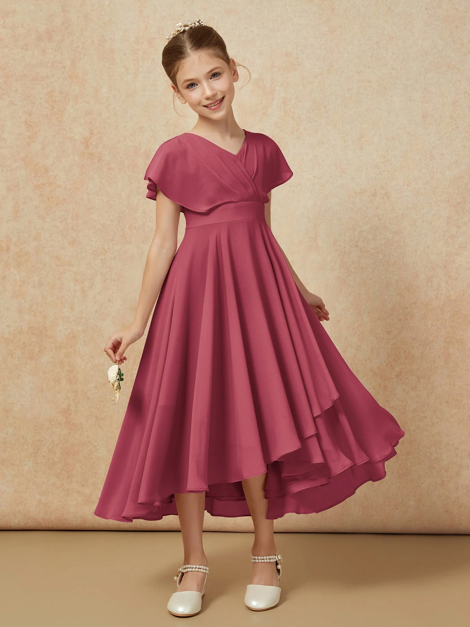 V-Ausschnitt Chiffon Asymmetrisch Junge Brautjungfernkleider Zimtrose - Image 6