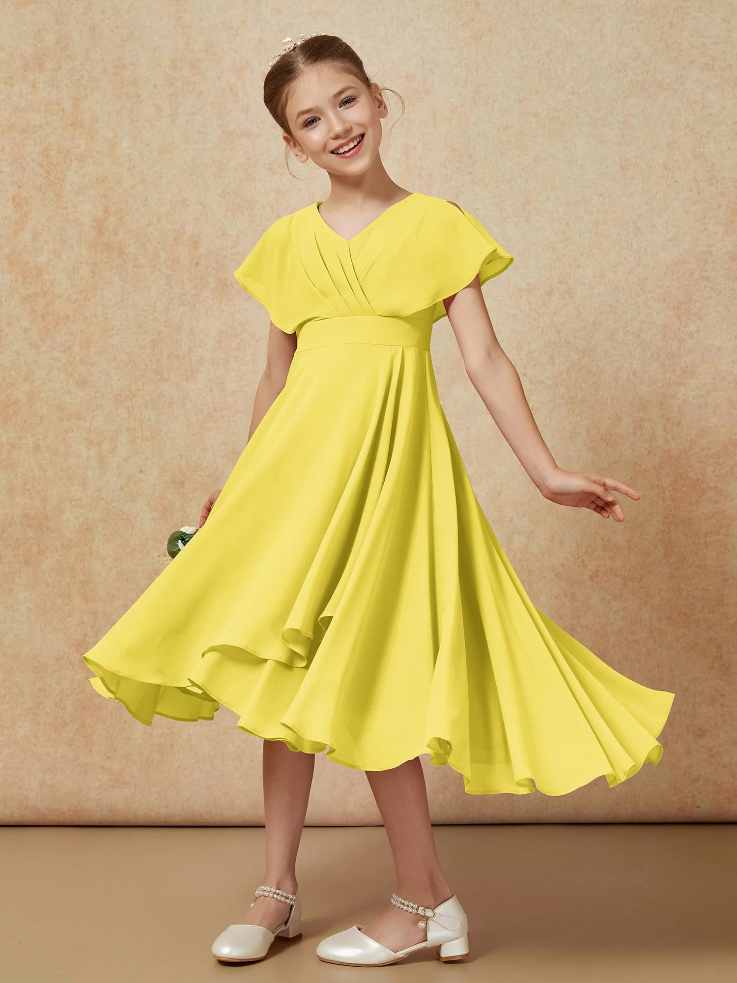 V-Ausschnitt Chiffon Asymmetrisch Junge Brautjungfernkleider Zitrone - Image 4