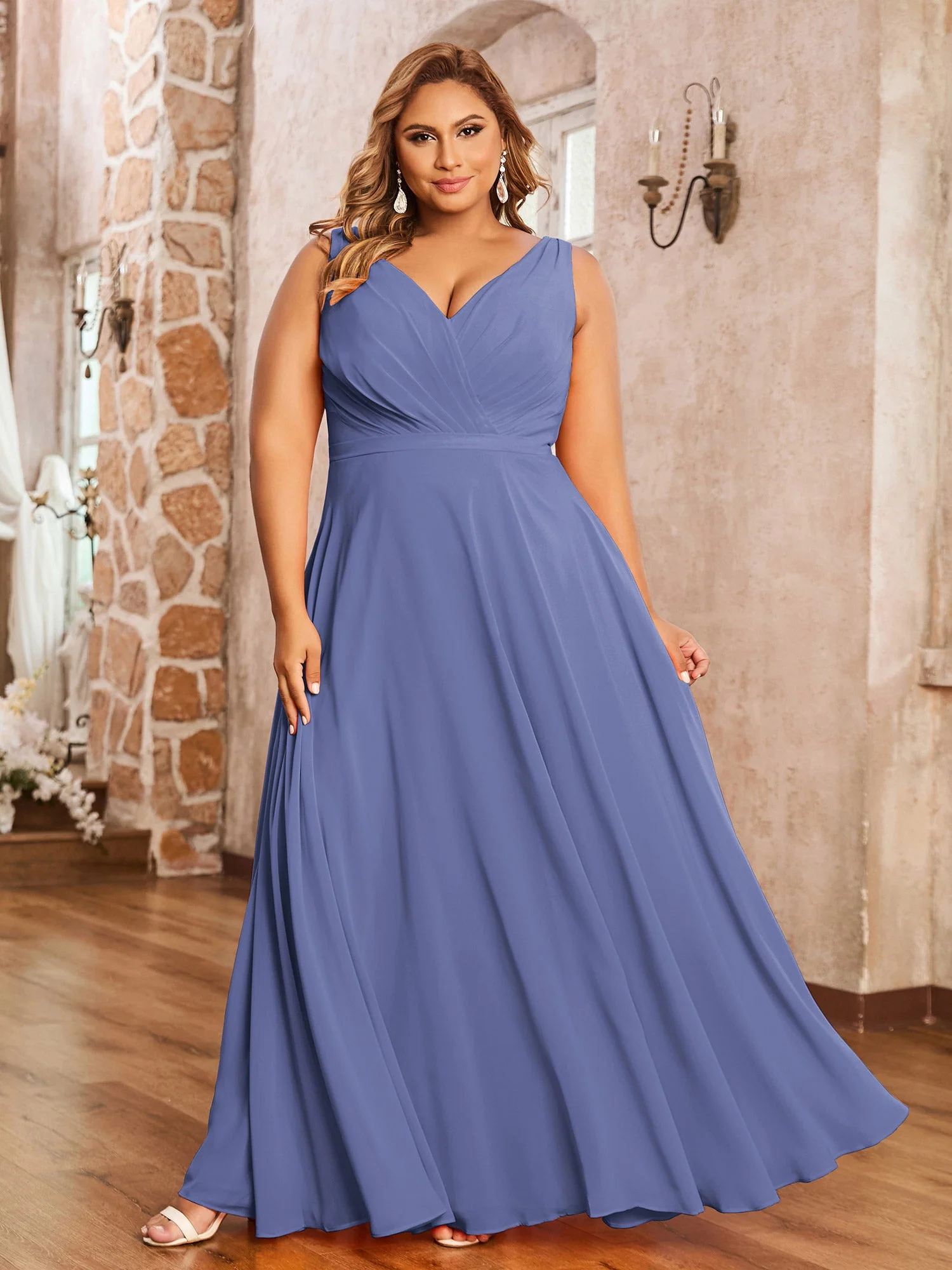 V-Ausschnitt Chiffon Brautjungfernkleid Periwinkleblau - Image 4