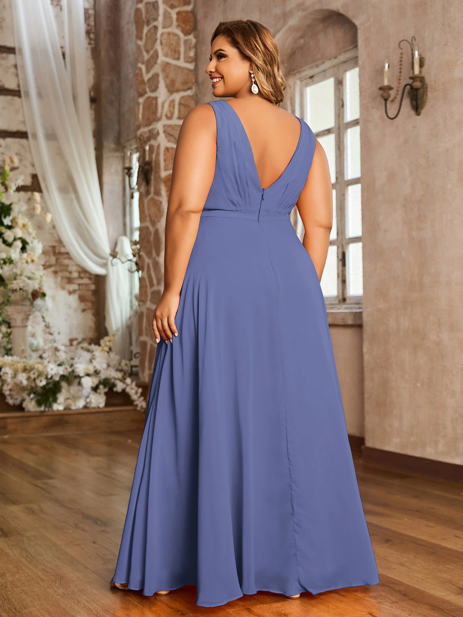 V-Ausschnitt Chiffon Brautjungfernkleid Periwinkleblau - Image 5