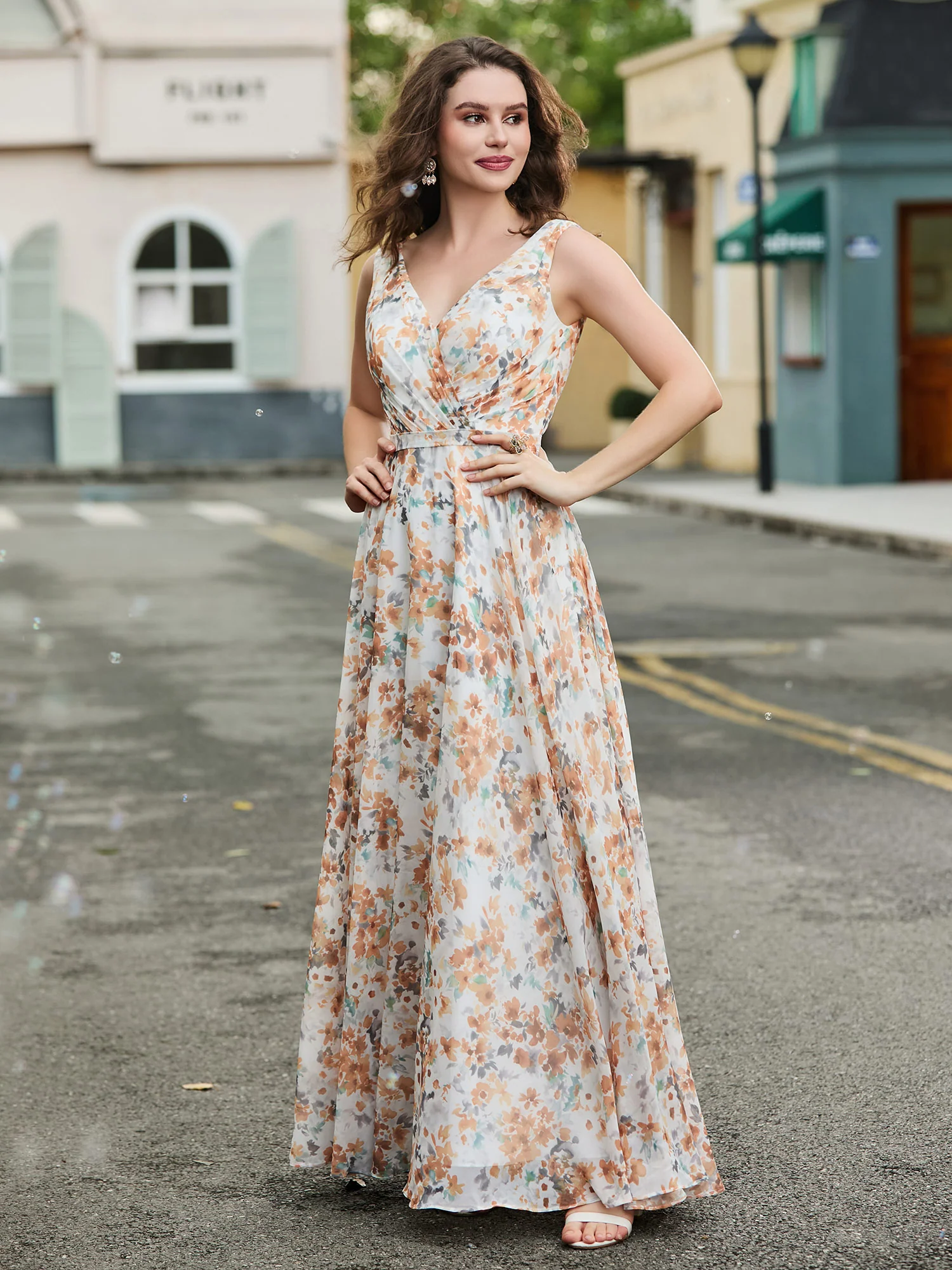 V-Ausschnitt Chiffon Brautjungfernkleid Sunset Blumen - Image 3