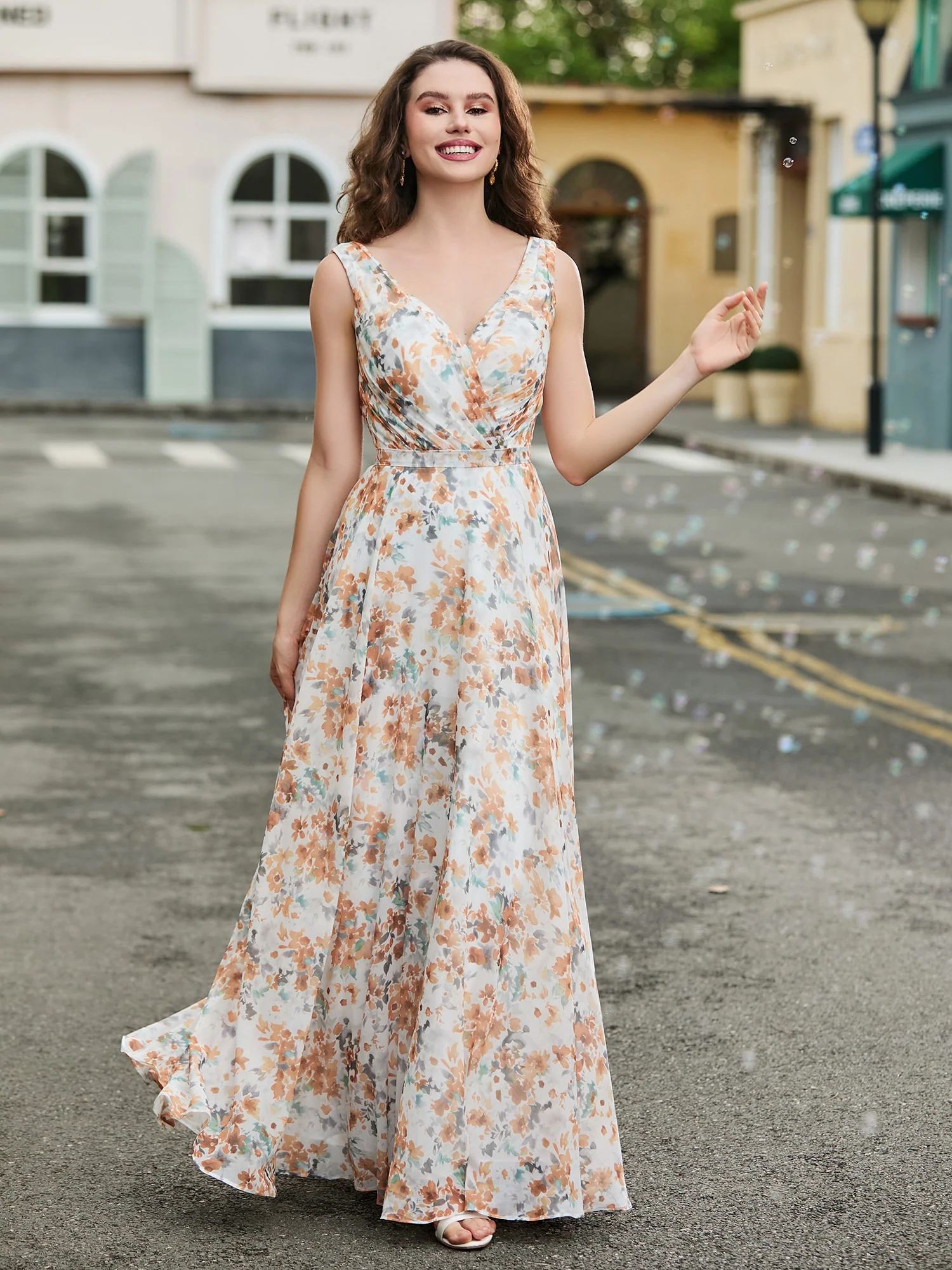 V-Ausschnitt Chiffon Brautjungfernkleid Sunset Blumen - Image 4