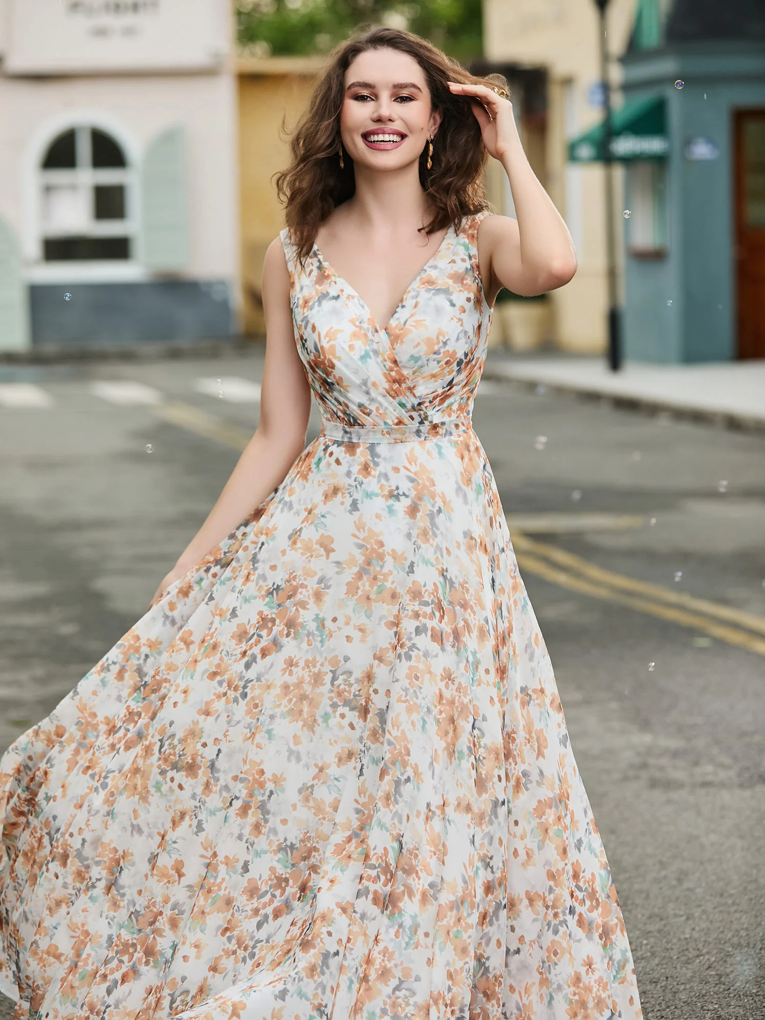 V-Ausschnitt Chiffon Brautjungfernkleid Sunset Blumen - Image 5