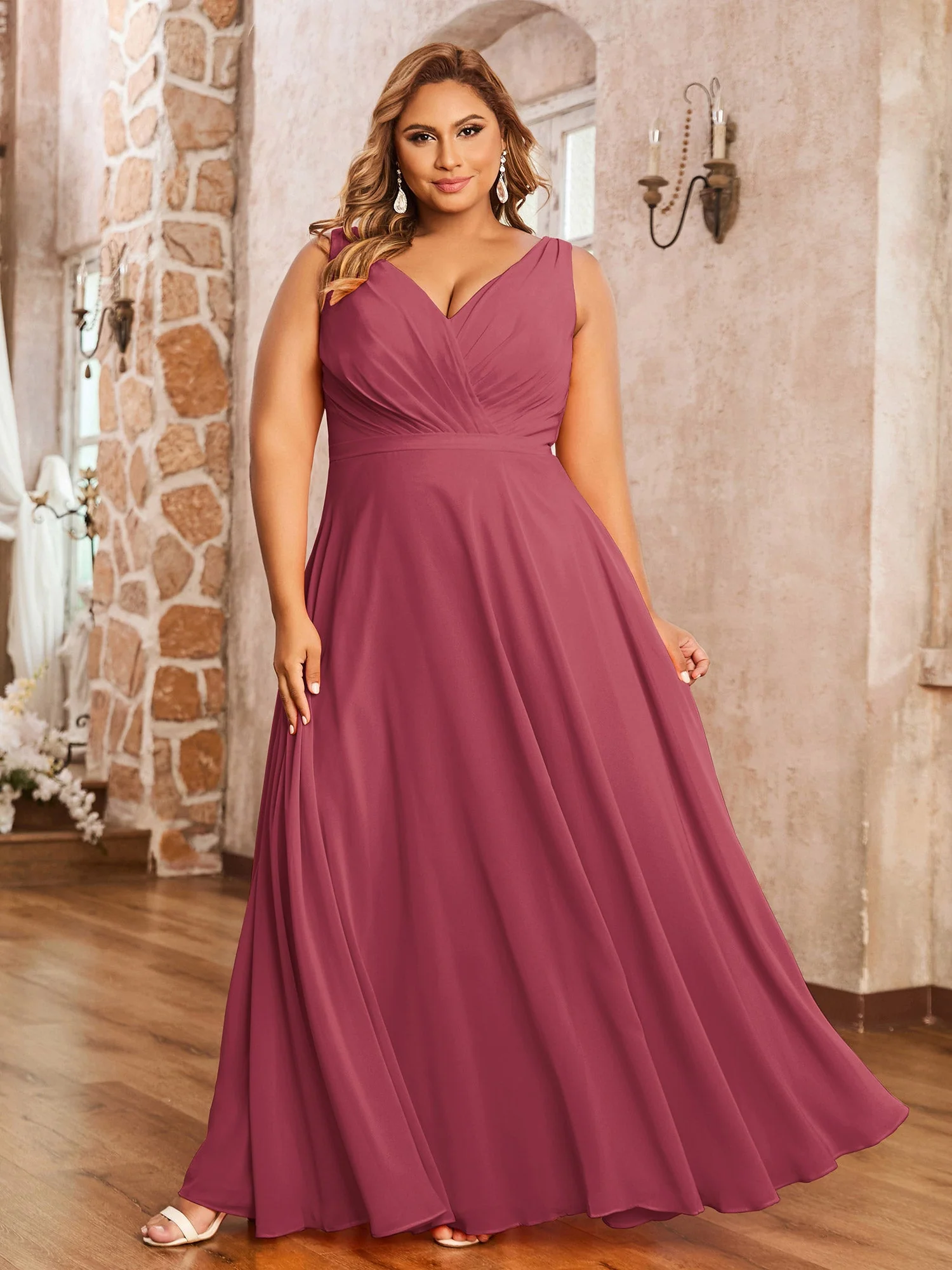V-Ausschnitt Chiffon Brautjungfernkleid Zimtrose - Image 4